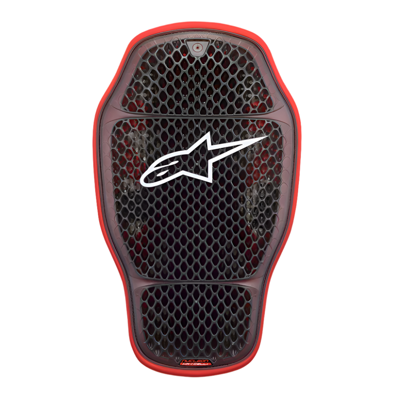 Alpinestars Nucleon KR-1 Cell i Back Protector, wkład do ochraniacza pleców, kolor Transparent Smoke Red, z mikrostrukturą komórkową o wzorze plastra miodu i białym logo Alpinestars w centrum, lekka i ergonomiczna konstrukcja ochronna.