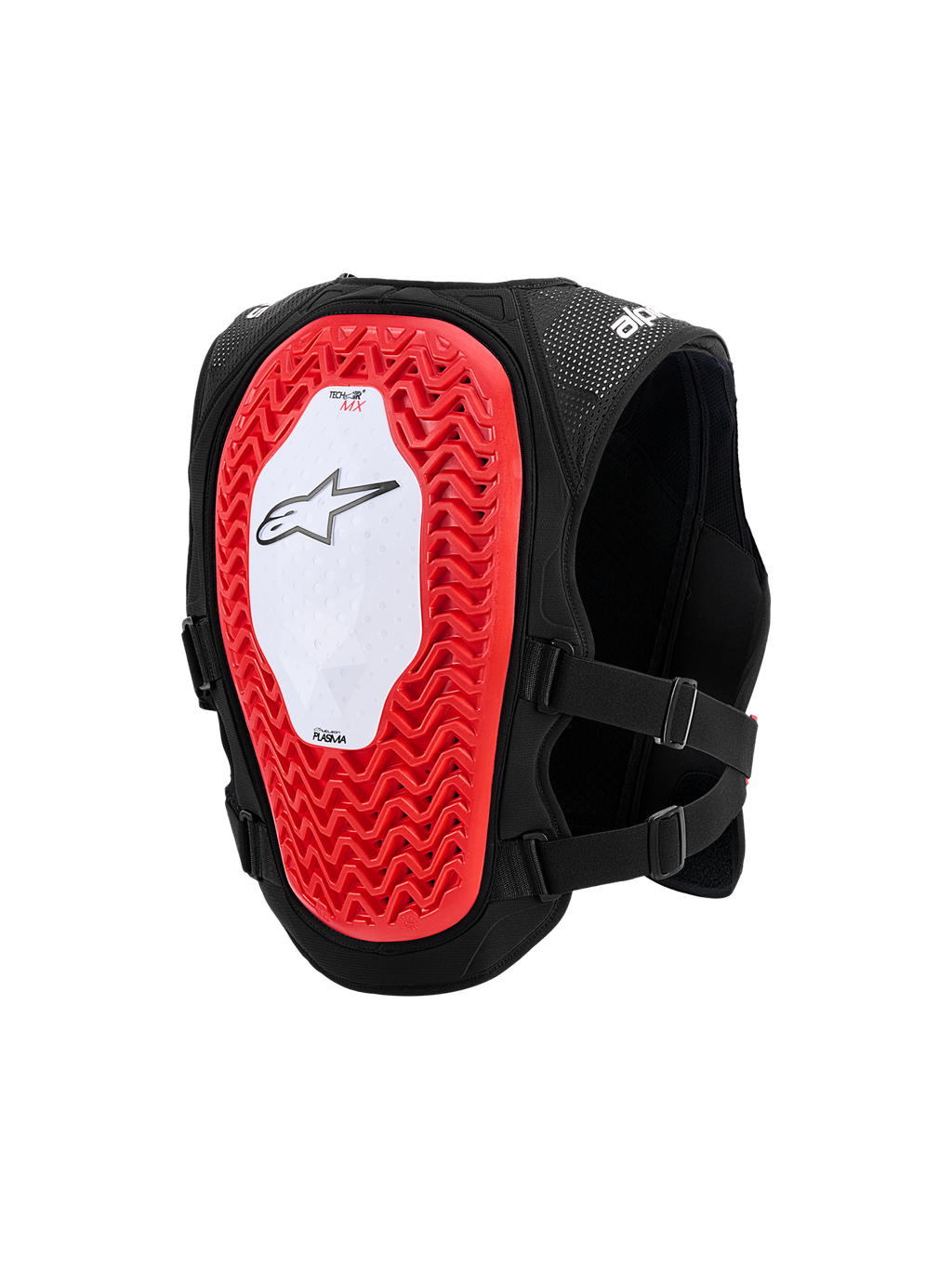 Alpinestars Tech-Air® MX System, autonomiczna off-roadowa kamizelka z poduszką powietrzną, widok z tyłu przedstawiający duży czerwony ochraniacz pleców Nucleon PLASMA o strukturze plastra miodu, biały panel centralny z czarnym logo gwiazdy, oddychająca konstrukcja z czarnej siatki i regulowane paski boczne