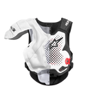 Alpinestars Tech-Air® MX System, autonomiczna poduszka powietrzna off-road, widok w przekroju ukazujący wewnętrzny biały pęcherz i kamizelkę ochronną, czarno-biała konstrukcja z czerwonymi akcentami, zapewniająca ochronę ramion i klatki piersiowej.