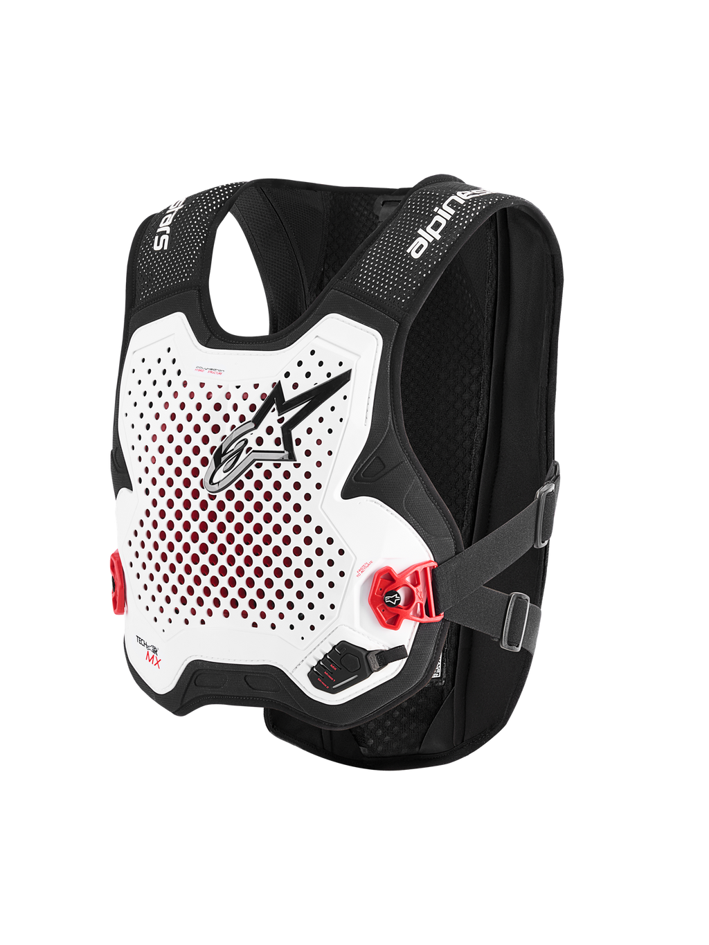 Alpinestars Tech-Air® MX System, autonomiczna kamizelka z poduszką powietrzną off-road, biało-czarna, perforowany biały ochraniacz klatki piersiowej z czarnym logo, czerwone klamry boczne, czarna konstrukcja z elastycznej siatki, zaawansowana ochrona do motocrossu i supercrossu