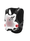 Alpinestars Tech-Air® MX System, autonomiczna kamizelka z poduszką powietrzną off-road, biało-czarna, perforowany biały ochraniacz klatki piersiowej z czarnym logo, czerwone klamry boczne, czarna konstrukcja z elastycznej siatki, zaawansowana ochrona do motocrossu i supercrossu