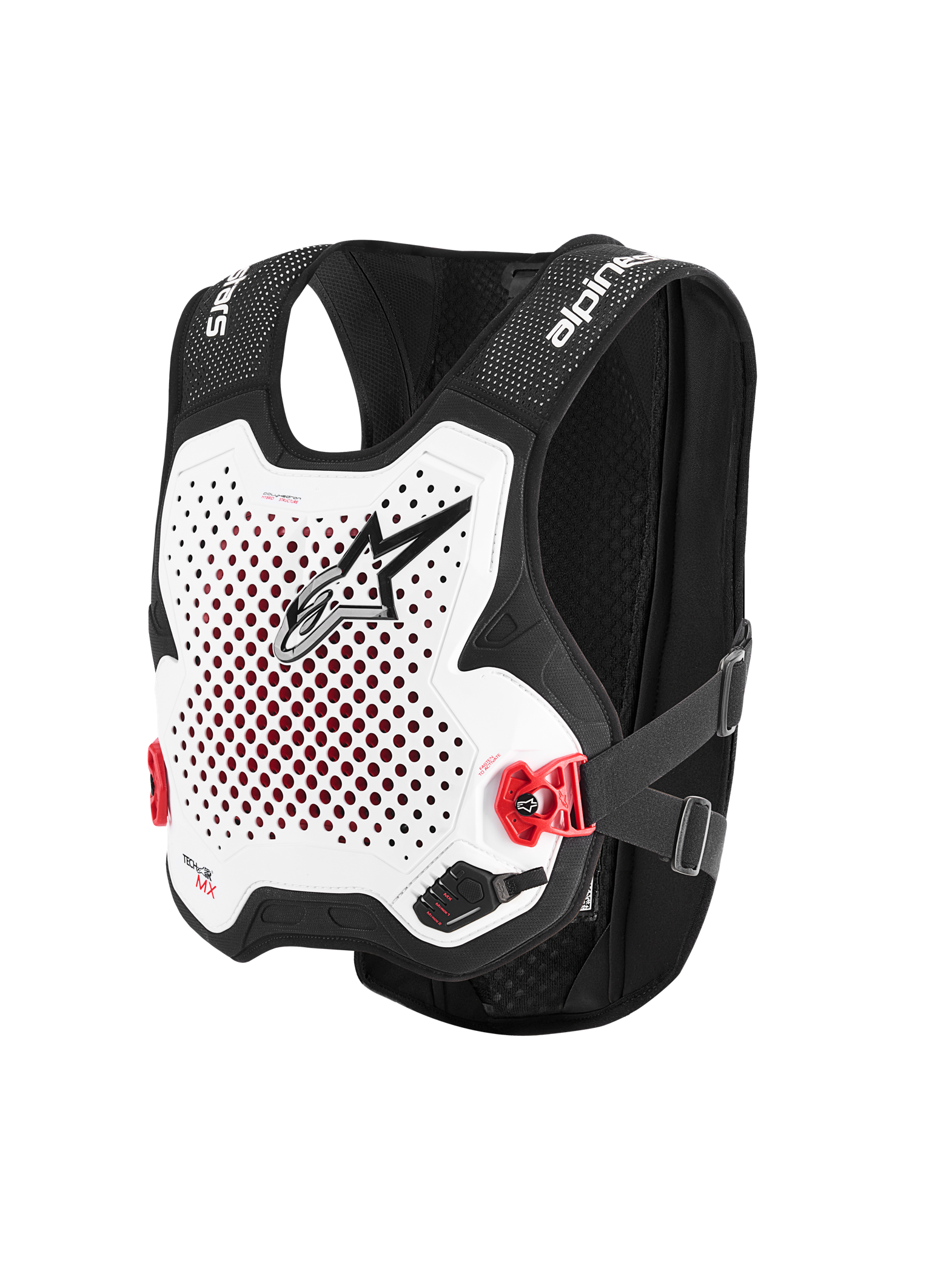 Alpinestars Tech-Air® MX System, autonomiczna kamizelka z poduszką powietrzną off-road, biało-czarna, perforowany biały ochraniacz klatki piersiowej z czarnym logo, czerwone klamry boczne, czarna konstrukcja z elastycznej siatki, zaawansowana ochrona do motocrossu i supercrossu