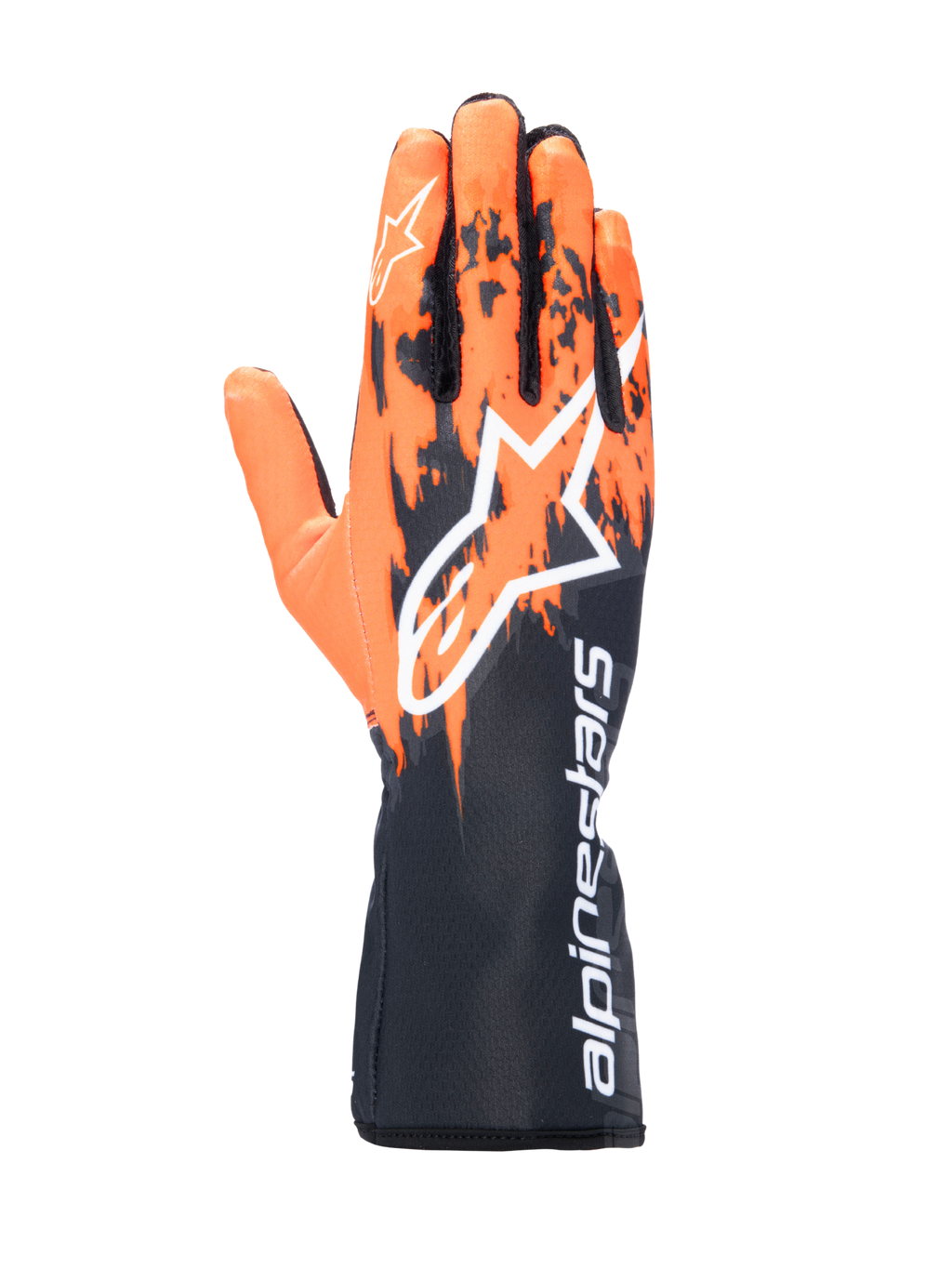 Rękawice Alpinestars Tech-1 K V3, rękawice kartingowe, czarno-pomarańczowo-białe, z sublimowaną grafiką z pomarańczowymi pociągnięciami pędzla na czarnym tle, duże białe logo Astar na wierzchu dłoni, pionowy napis Alpinestars na mankiecie, profesjonalny sprzęt do kartingu