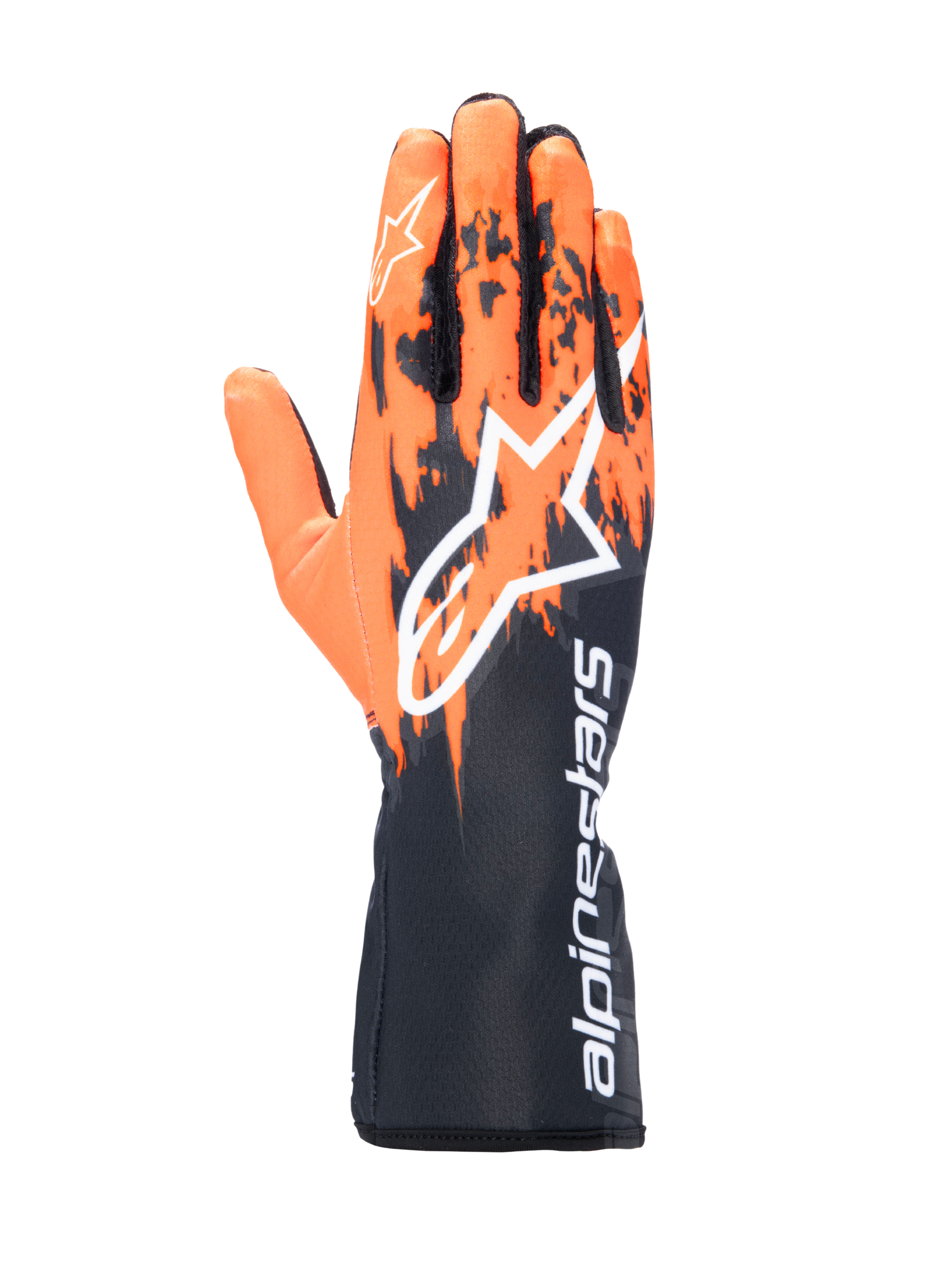 Rękawice Alpinestars Tech-1 K V3, rękawice kartingowe, czarno-pomarańczowo-białe, z sublimowaną grafiką z pomarańczowymi pociągnięciami pędzla na czarnym tle, duże białe logo Astar na wierzchu dłoni, pionowy napis Alpinestars na mankiecie, profesjonalny sprzęt do kartingu
