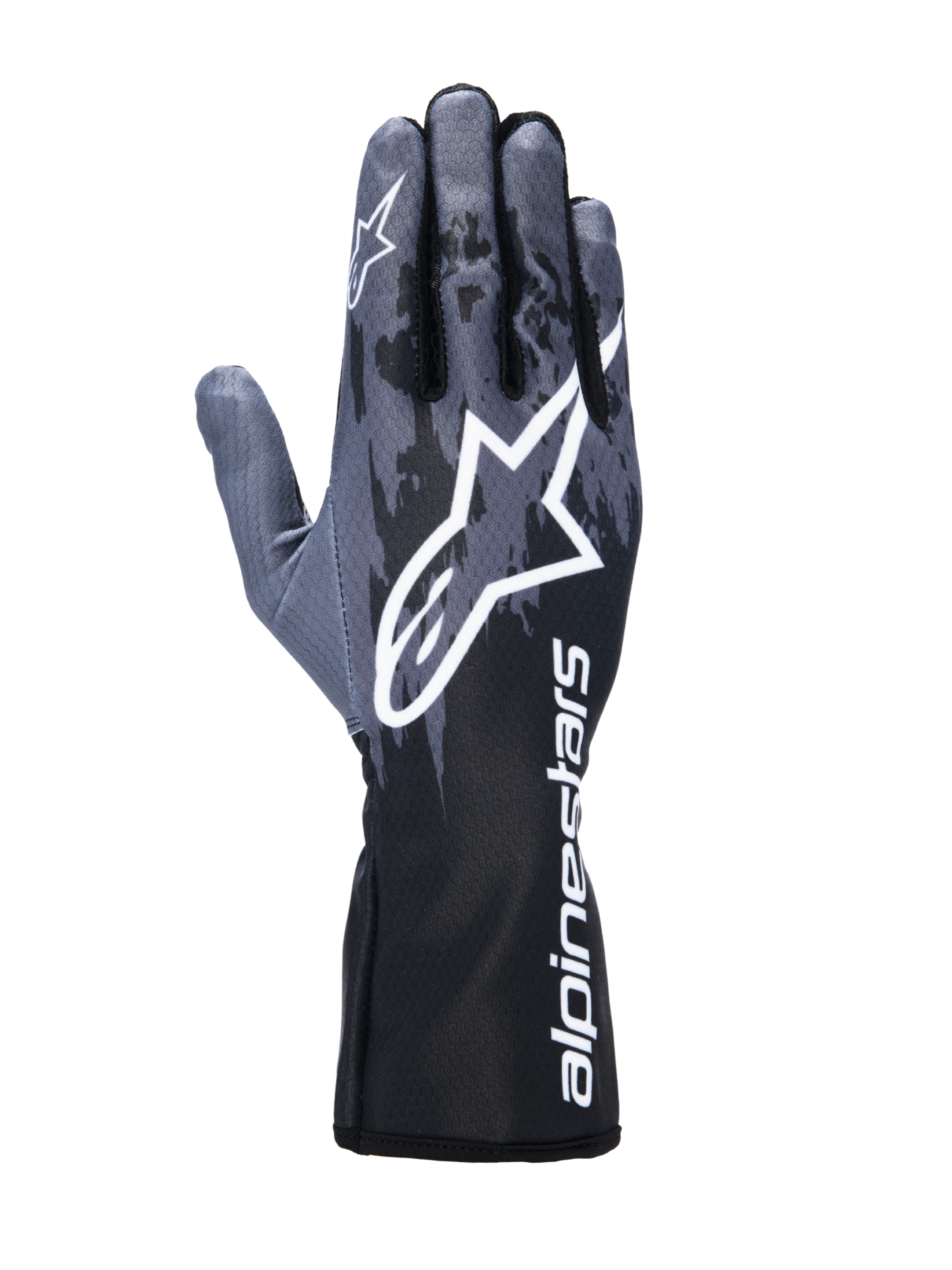 Rękawice Alpinestars Tech-1 K V3, rękawice kartingowe, Black Anthracite, z dużym białym logo Astar na wierzchu dłoni, ciemnoszarym wzorem w stylu kamuflażu i mankietem z pionowym białym brandingiem Alpinestars