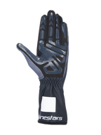 Rękawice kartingowe Alpinestars Tech-1 K V3, Black Anthracite, widok od strony dłoni z silikonowym nadrukiem o wysokiej przyczepności, dłoń z syntetycznego zamszu, przedłużony mankiet z elastycznym nadgarstkiem i białym logo, profesjonalny sprzęt do sportów motorowych