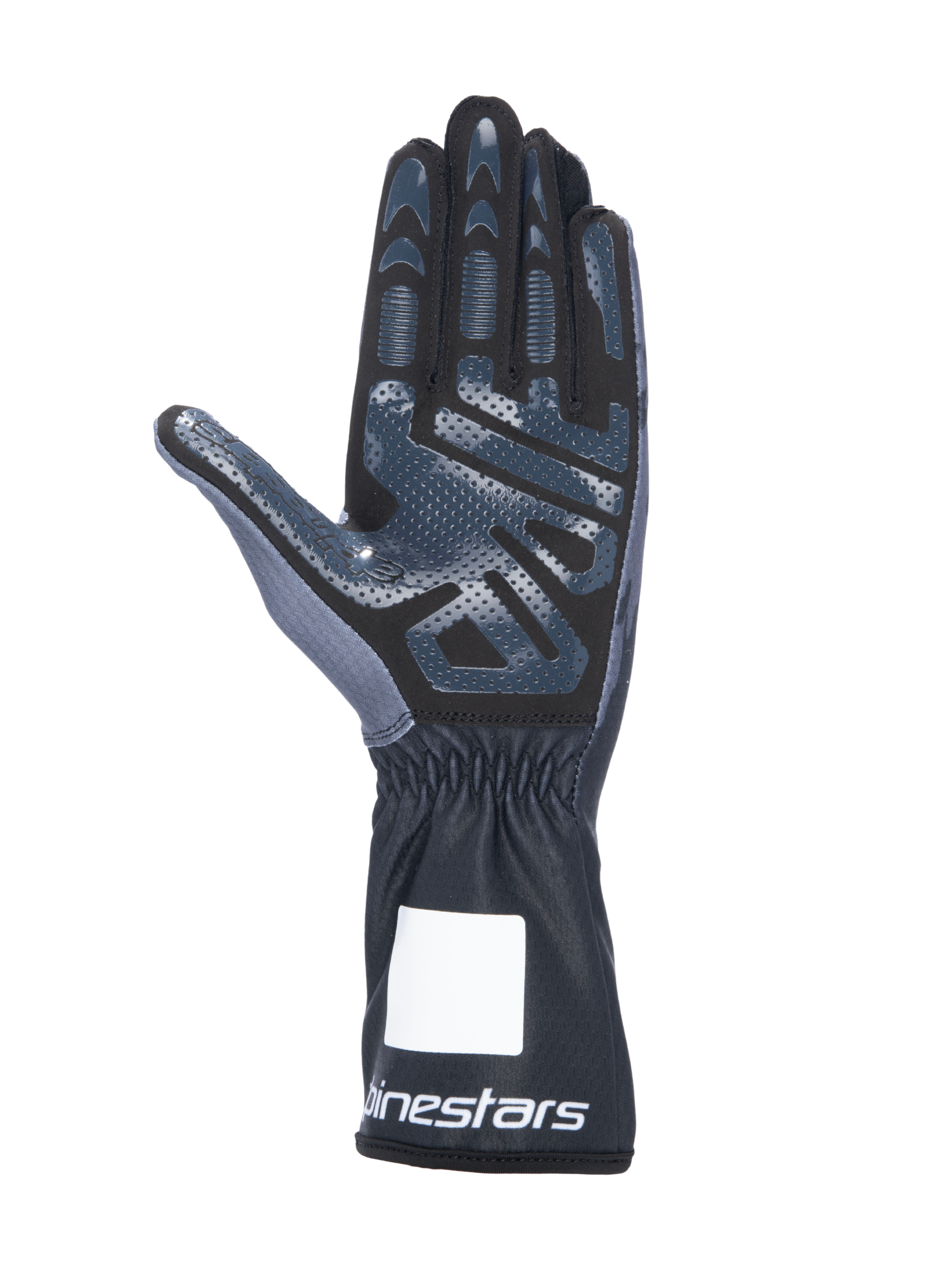 Rękawice kartingowe Alpinestars Tech-1 K V3, Black Anthracite, widok od strony dłoni z silikonowym nadrukiem o wysokiej przyczepności, dłoń z syntetycznego zamszu, przedłużony mankiet z elastycznym nadgarstkiem i białym logo, profesjonalny sprzęt do sportów motorowych