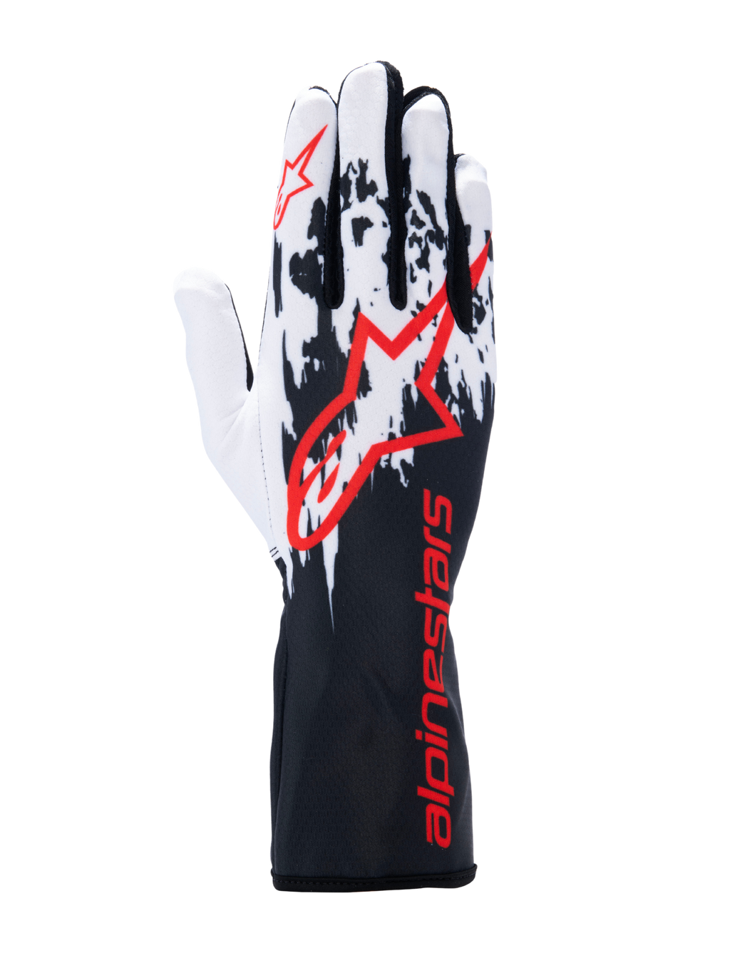 Alpinestars Tech-1 K V3 Gloves, rękawice kartingowe, czarno-biało-czerwone, z biało-czarną grafiką na grzbiecie, dużym czerwonym logo Alpinestars i czerwonym napisem na długim mankiecie, profesjonalny sprzęt do sportów motorowych