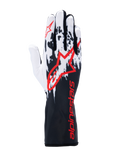 Alpinestars Tech-1 K V3 Gloves, rękawice kartingowe, czarno-biało-czerwone, z biało-czarną grafiką na grzbiecie, dużym czerwonym logo Alpinestars i czerwonym napisem na długim mankiecie, profesjonalny sprzęt do sportów motorowych