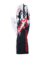 Alpinestars Tech-1 K V3 Gloves, rękawice kartingowe, czarno-biało-czerwone, z biało-czarną grafiką na grzbiecie, dużym czerwonym logo Alpinestars i czerwonym napisem na długim mankiecie, profesjonalny sprzęt do sportów motorowych