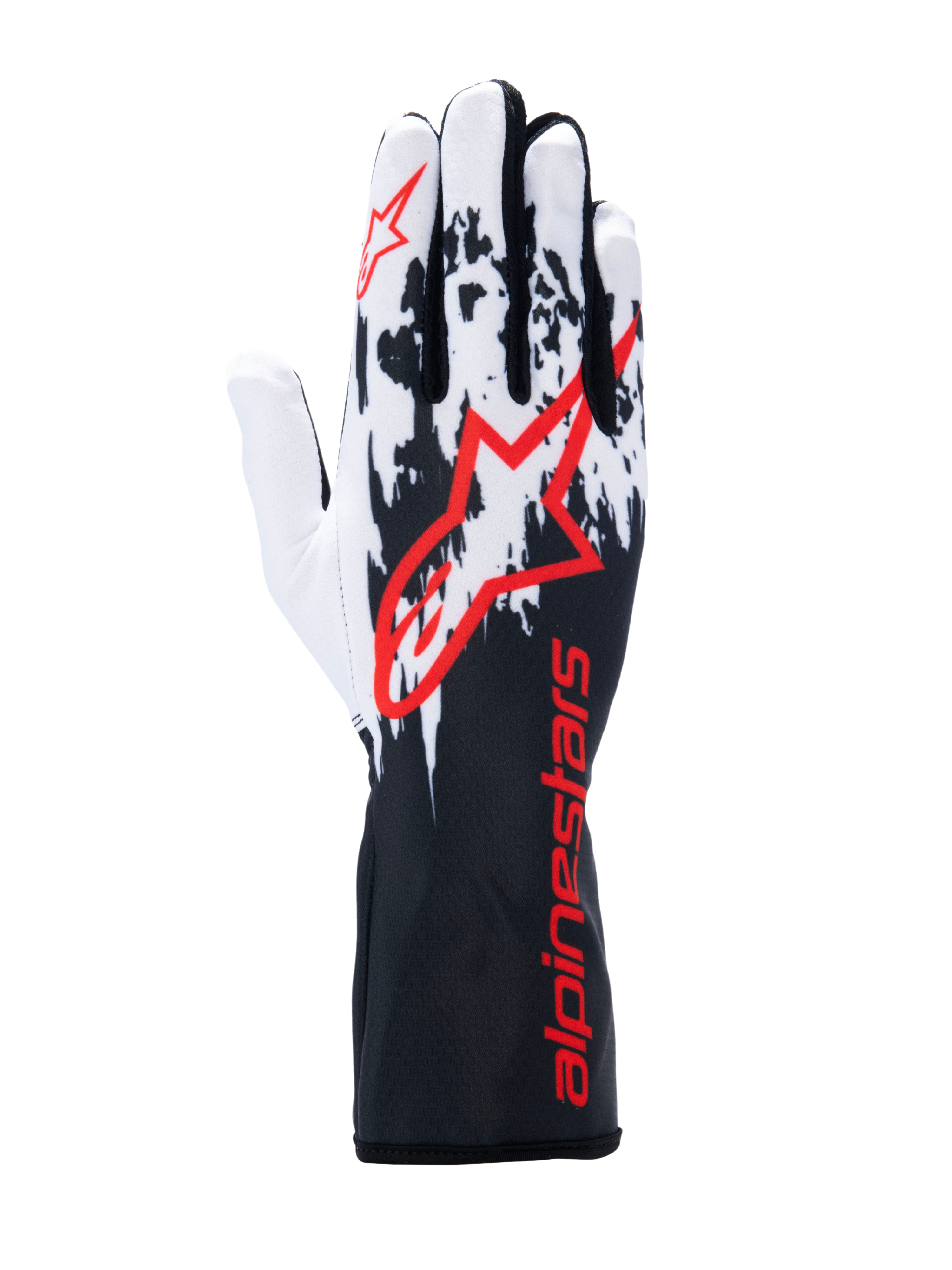 Alpinestars Tech-1 K V3 Gloves, rękawice kartingowe, czarno-biało-czerwone, z biało-czarną grafiką na grzbiecie, dużym czerwonym logo Alpinestars i czerwonym napisem na długim mankiecie, profesjonalny sprzęt do sportów motorowych