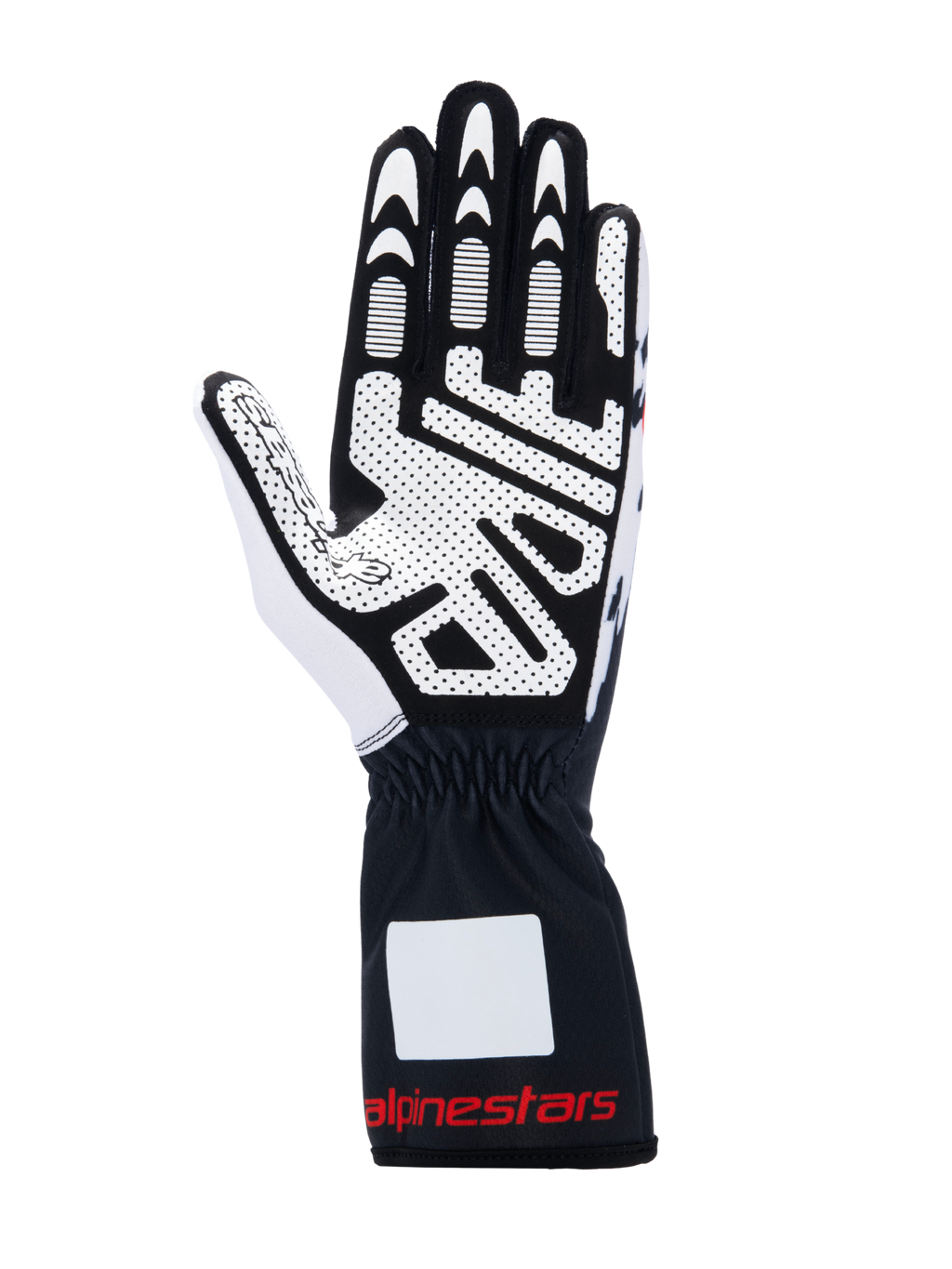 Rękawice Alpinestars Tech-1 K V3, rękawice kartingowe, czarno-biało-czerwone, widok dłoni z silikonowym nadrukiem o wysokiej przyczepności, syntetyczny zamsz, mankiet z czerwonym logotypem, profesjonalny sprzęt kartingowy