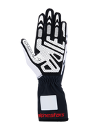 Rękawice Alpinestars Tech-1 K V3, rękawice kartingowe, czarno-biało-czerwone, widok dłoni z silikonowym nadrukiem o wysokiej przyczepności, syntetyczny zamsz, mankiet z czerwonym logotypem, profesjonalny sprzęt kartingowy