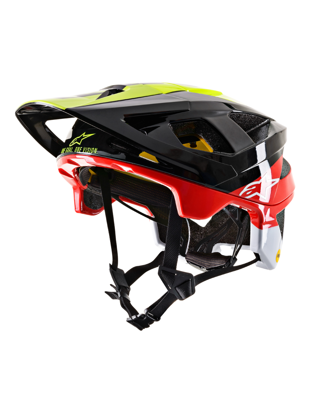Alpinestars Vector Tech Pilot MTB Helmet CE, kask rowerowy MTB, czarny, czerwony, biały i żółty fluo, błyszczące wykończenie, liczne otwory wentylacyjne, regulowany daszek, system MIPS, aerodynamiczny design do jazdy terenowej