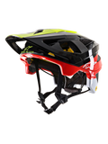 Alpinestars Vector Tech Pilot MTB Helmet CE, kask rowerowy MTB, czarny, czerwony, biały i żółty fluo, błyszczące wykończenie, liczne otwory wentylacyjne, regulowany daszek, system MIPS, aerodynamiczny design do jazdy terenowej