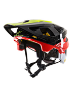 Alpinestars Vector Tech Pilot MTB Helmet CE, kask rowerowy MTB, czarny, czerwony, biały i żółty fluo, błyszczące wykończenie, liczne otwory wentylacyjne, regulowany daszek, system MIPS, aerodynamiczny design do jazdy terenowej