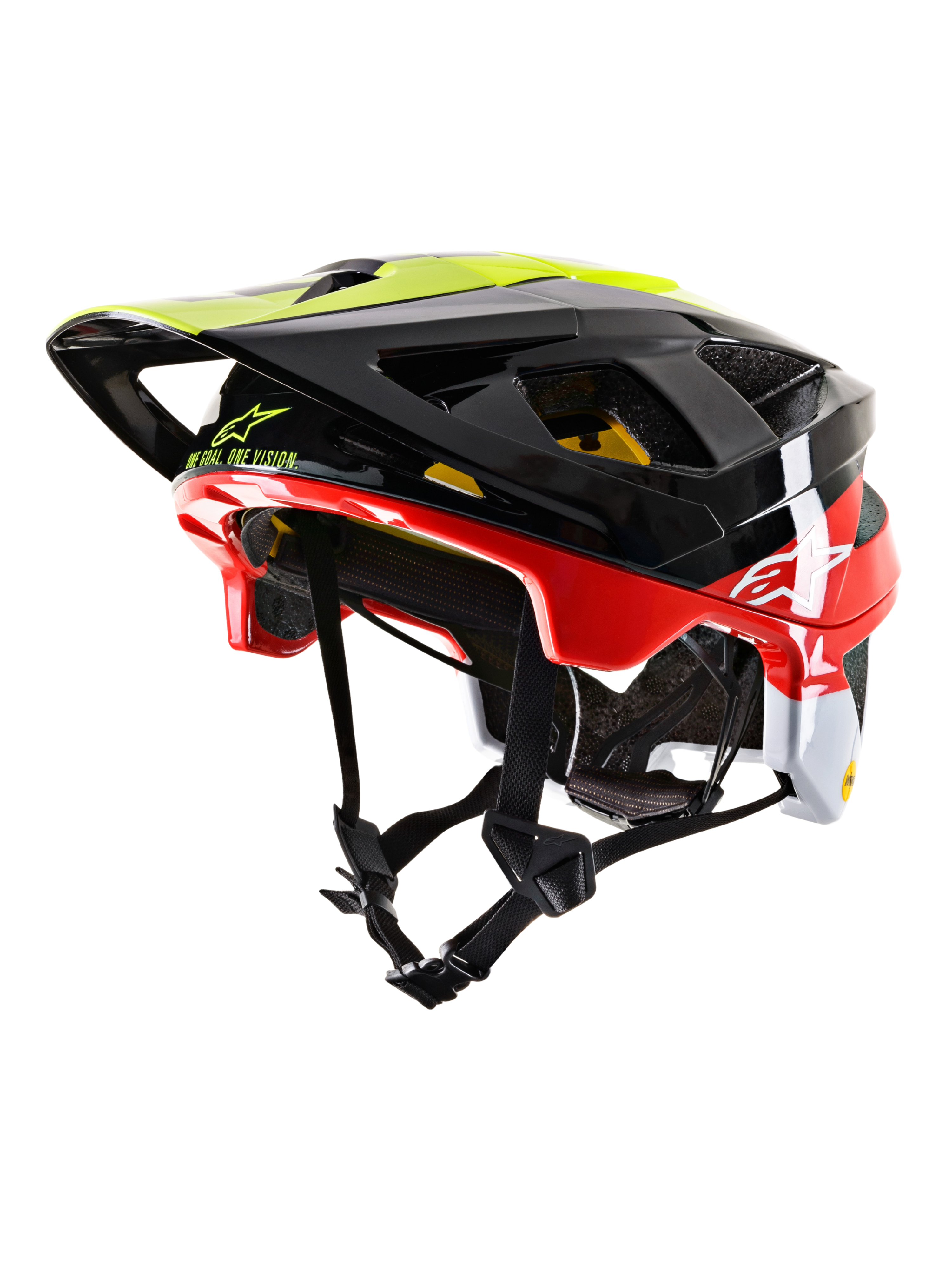 Alpinestars Vector Tech Pilot MTB Helmet CE, kask rowerowy MTB, czarny, czerwony, biały i żółty fluo, błyszczące wykończenie, liczne otwory wentylacyjne, regulowany daszek, system MIPS, aerodynamiczny design do jazdy terenowej
