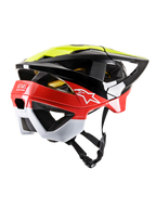 Kask MTB Alpinestars Vector Tech Pilot, czarny, żółty fluo i czerwony błyszczący z białymi akcentami, widok z tyłu pod kątem trzech czwartych ukazujący duże otwory wentylacyjne, przedłużoną osłonę karku, białe logo Astars i regulowany pasek podbródkowy, wysokiej klasy ochrona głowy na rower górski
