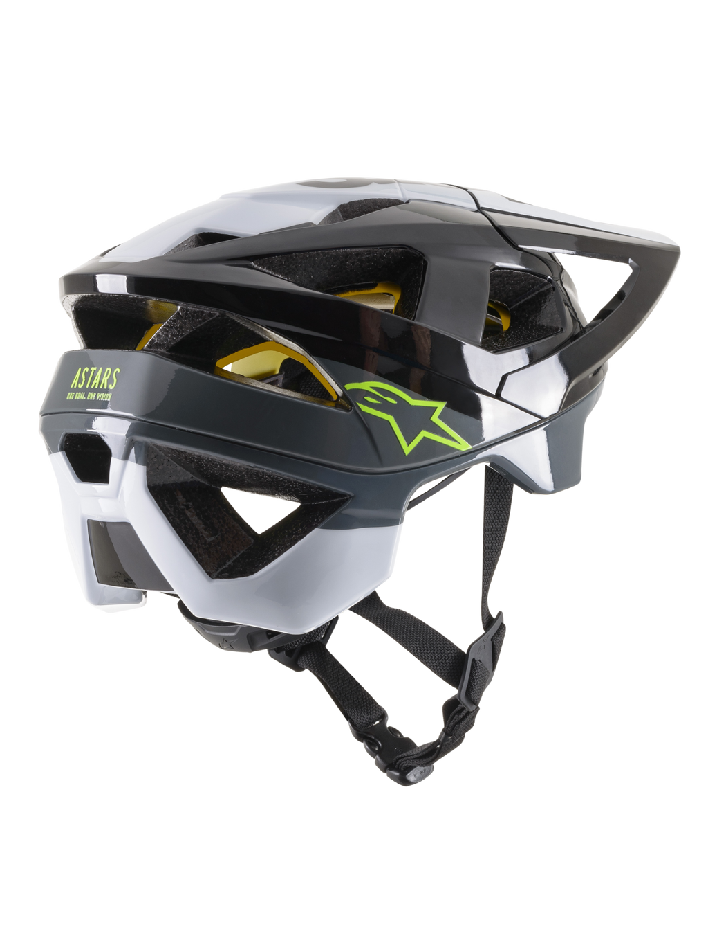 Alpinestars Vector Tech Pilot Helmet CE, kask rowerowy MTB, czarny, biały i chłodny szary błyszczący, widok z tyłu pod kątem trzech czwartych z limonkowym logo gwiazdy i ASTARS, 19 otworów wentylacyjnych, aerodynamiczny design z regulowanym daszkiem i paskiem podbródkowym