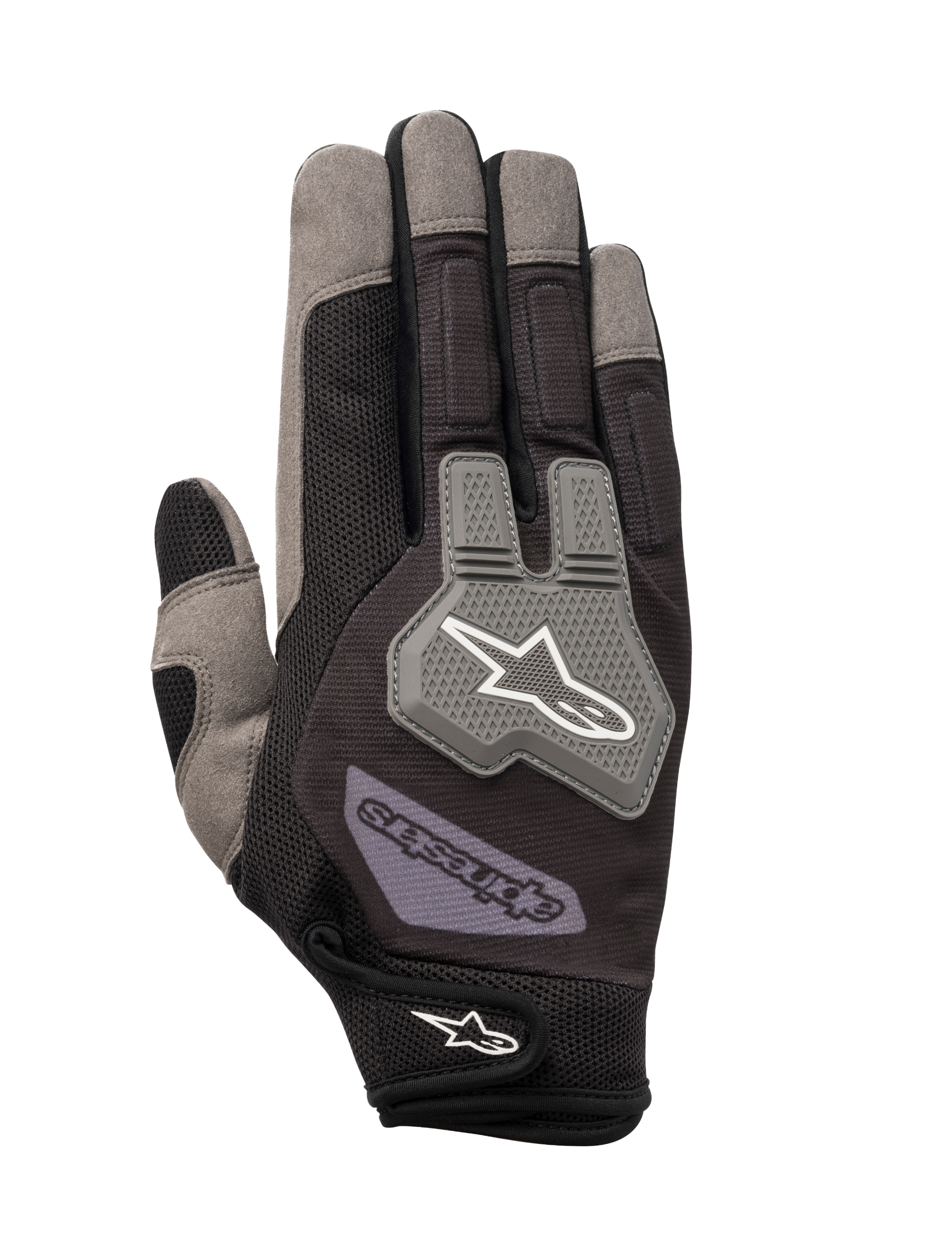 Alpinestars Engine Gloves, rękawice mechanika, czarno-szare, oddychająca konstrukcja z siateczki, szary ochraniacz kostek TPR z białym logo gwiazdy, regulowany pasek na nadgarstku z logo, wytrzymała wielomateriałowa konstrukcja do prac warsztatowych i serwisowych