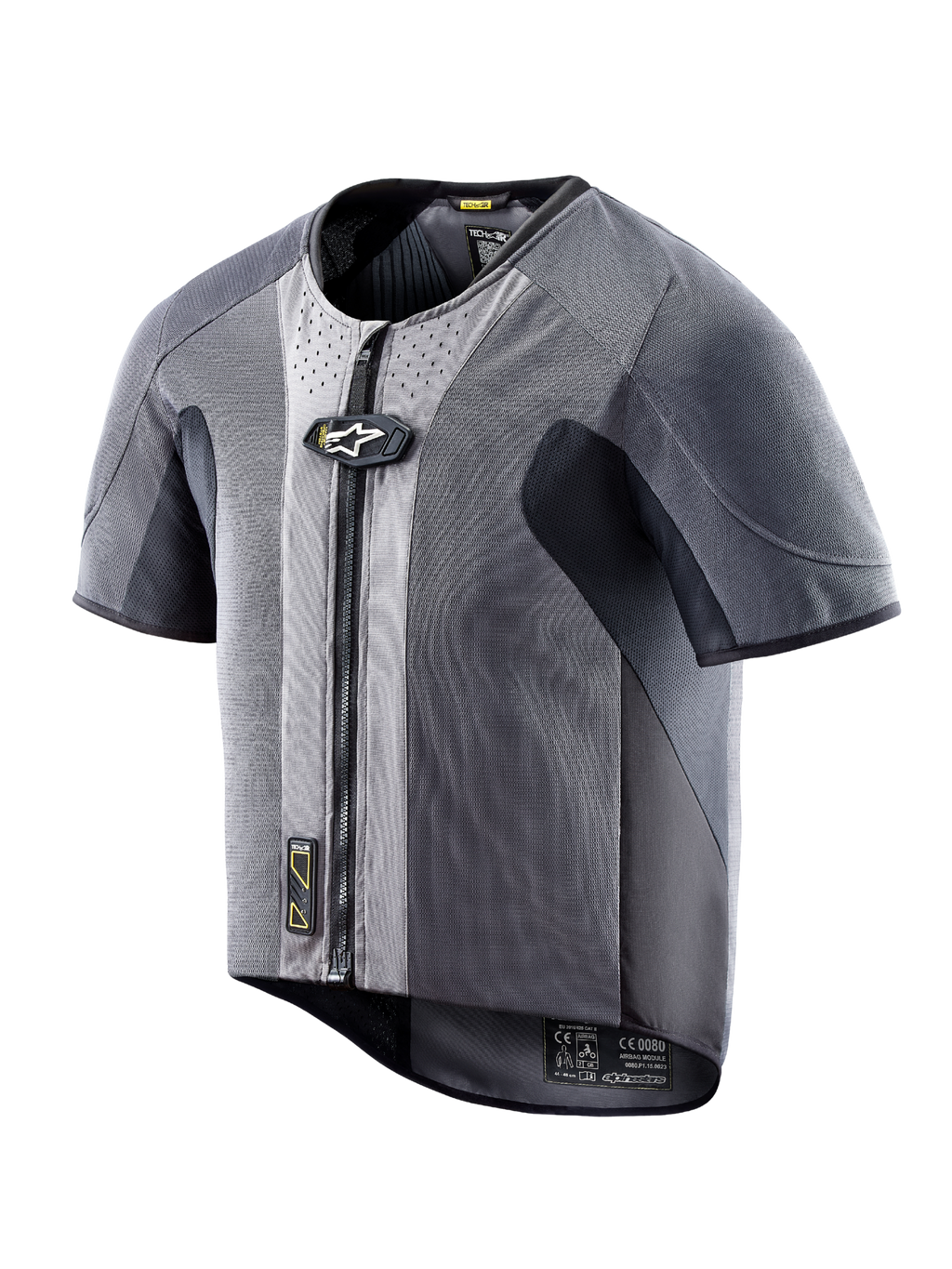 Kamizelka Alpinestars Tech-Air 5, ciemnoszary mesh, krótki rękaw, zamek z przodu, ochrona do jazdy szosowej.