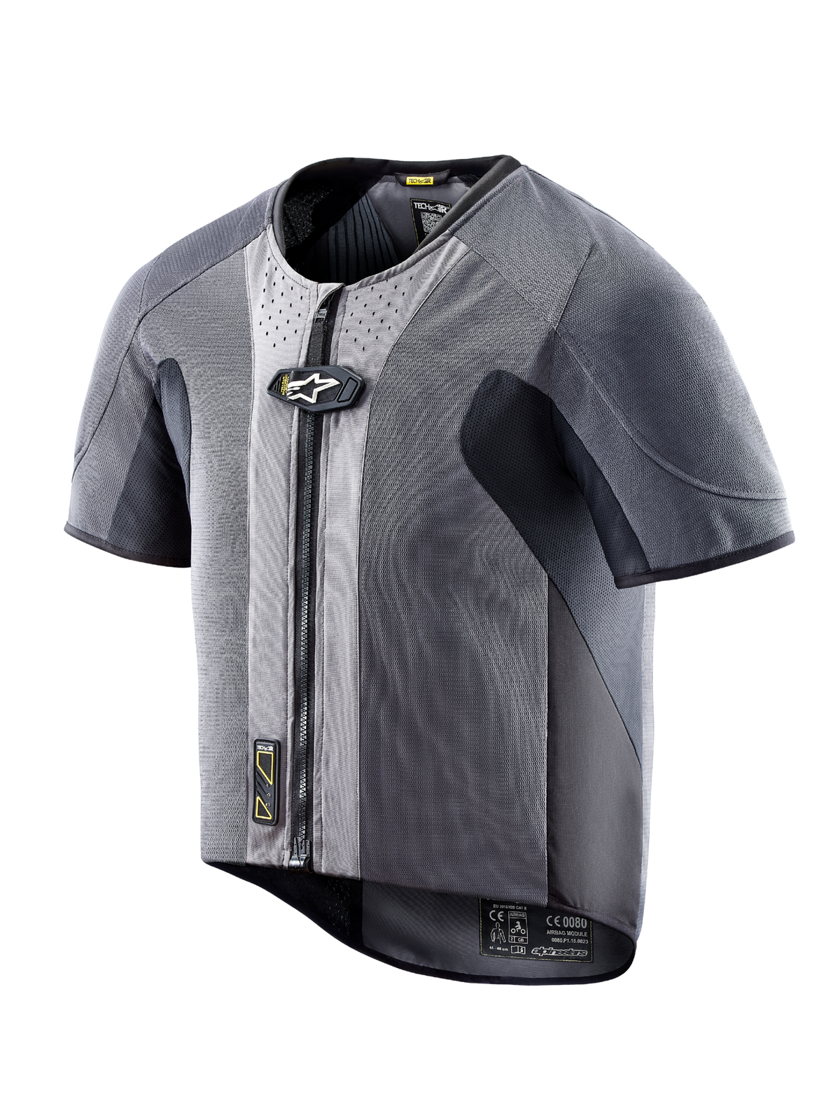 Kamizelka Alpinestars Tech-Air 5, ciemnoszary mesh, krótki rękaw, zamek z przodu, ochrona do jazdy szosowej.