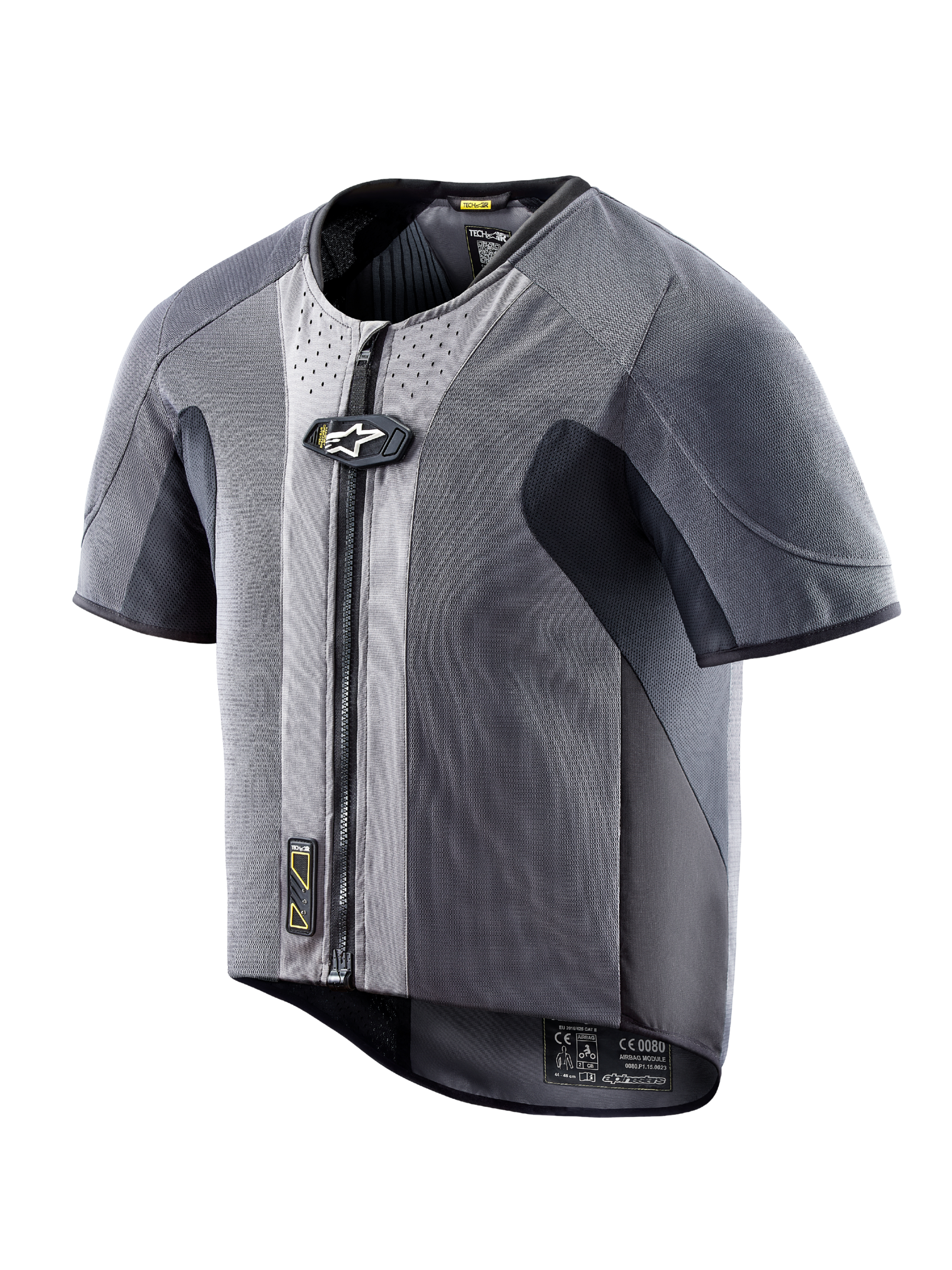 Kamizelka Alpinestars Tech-Air 5, ciemnoszary mesh, krótki rękaw, zamek z przodu, ochrona do jazdy szosowej.