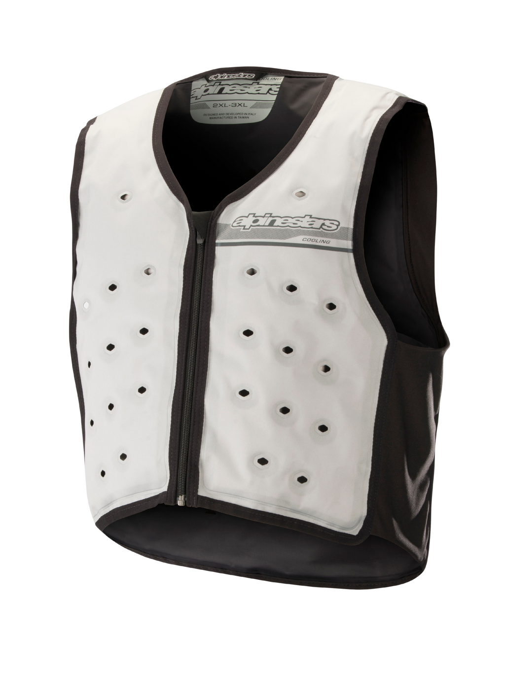 Alpinestars Cooling Vest, kamizelka chłodząca, jasnoszara i ciemnoszara, motocyklowa warstwa bazowa bez rękawów, okrągłe otwory wentylacyjne, zamek z przodu, materiał odprowadzający wilgoć, do jazdy w upalne dni