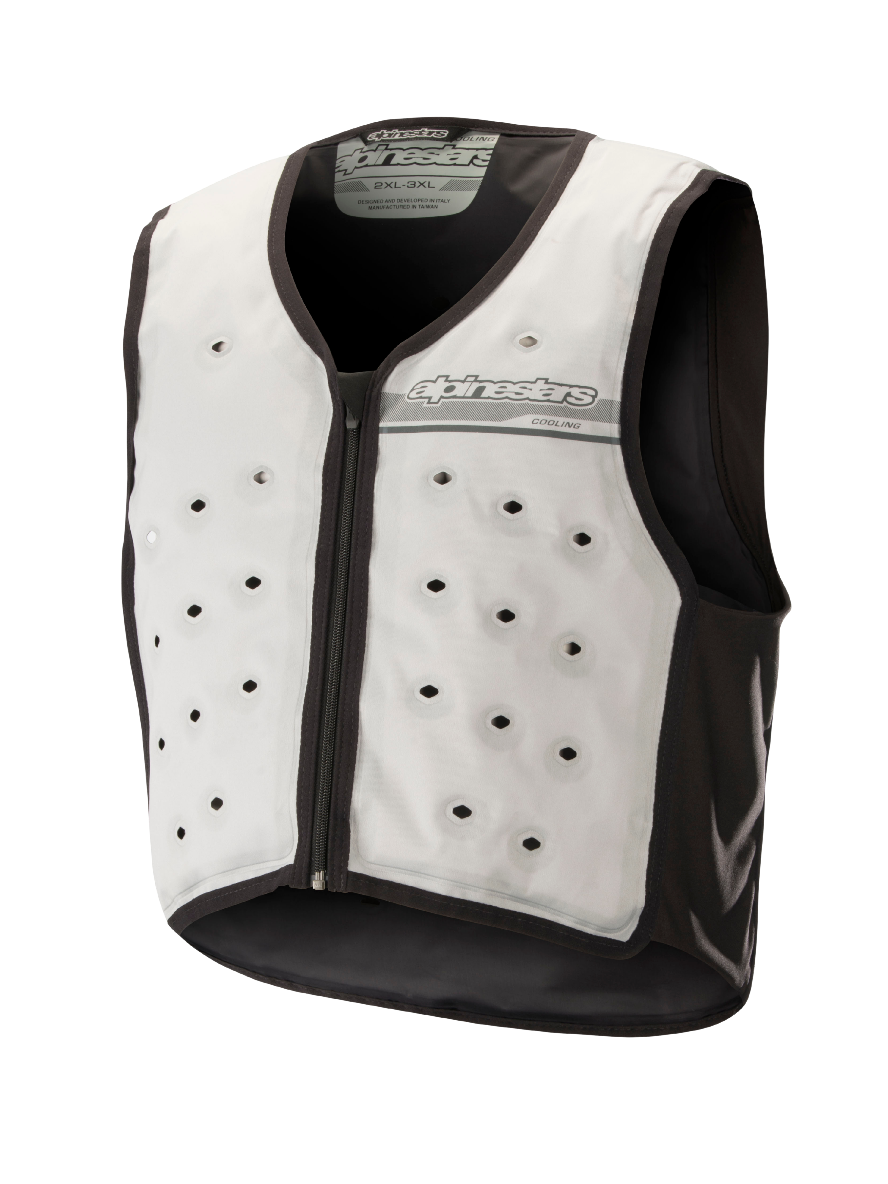 Alpinestars Cooling Vest, kamizelka chłodząca, jasnoszara i ciemnoszara, motocyklowa warstwa bazowa bez rękawów, okrągłe otwory wentylacyjne, zamek z przodu, materiał odprowadzający wilgoć, do jazdy w upalne dni