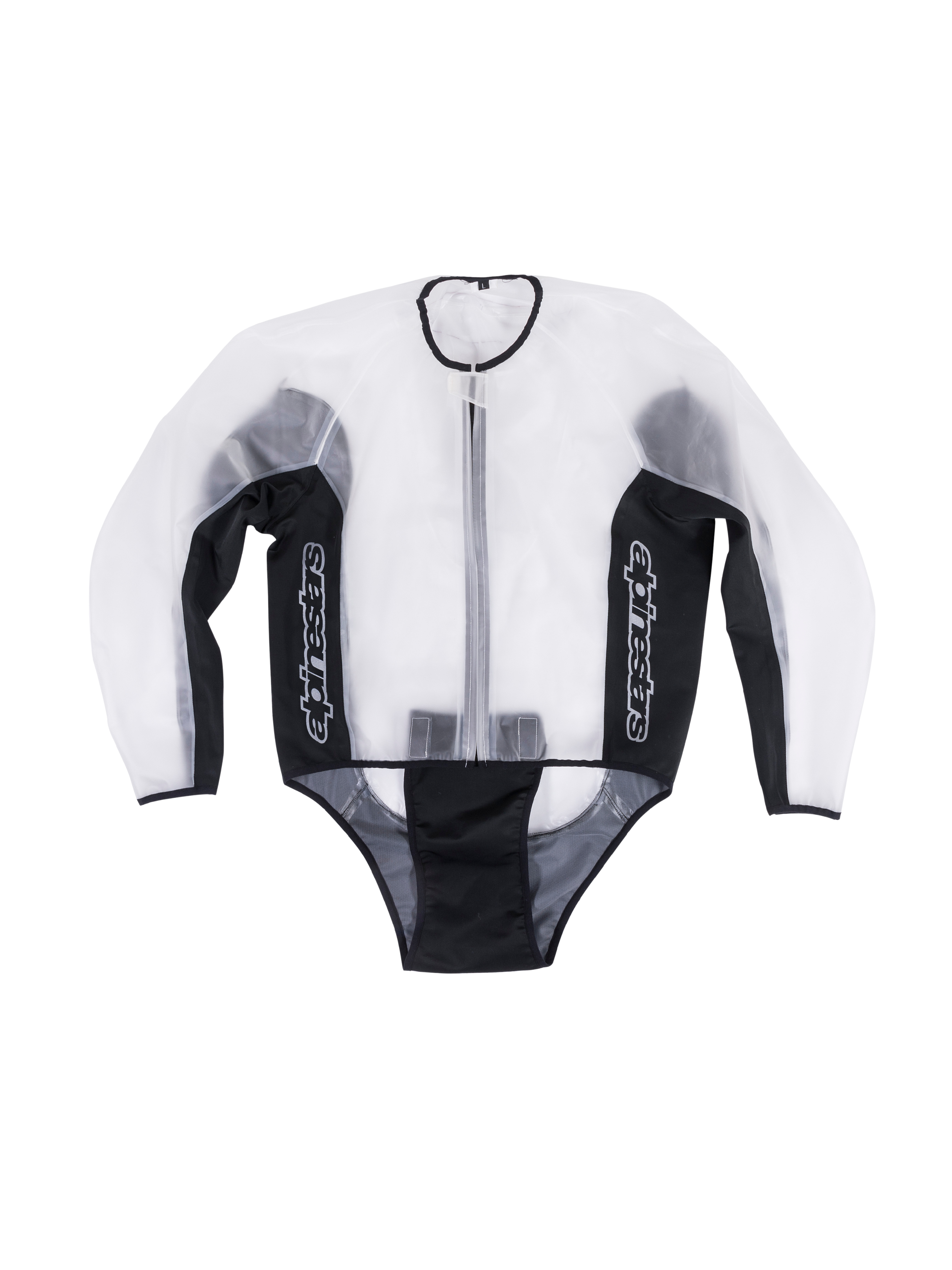 Alpinestars Racing Rain Jacket, wodoodporna przezroczysta kurtka motocyklowa, przezroczysta i czarna, białe pionowe logo na bocznych panelach, zapięcie na suwak z przodu, profilowany design dopasowany do kombinezonów skórzanych, funkcjonalna odzież torowa na deszczowe warunki