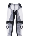Alpinestars Racing Rain Pants, wyścigowe spodnie przeciwdeszczowe, przezroczyste czarne i półprzezroczyste białe, z okrągłymi wycięciami na slidery kolanowe, czarnymi ergonomicznymi panelami elastycznymi i logo gwiazdy na kolanach, wodoodporna konstrukcja do użytku na torze
