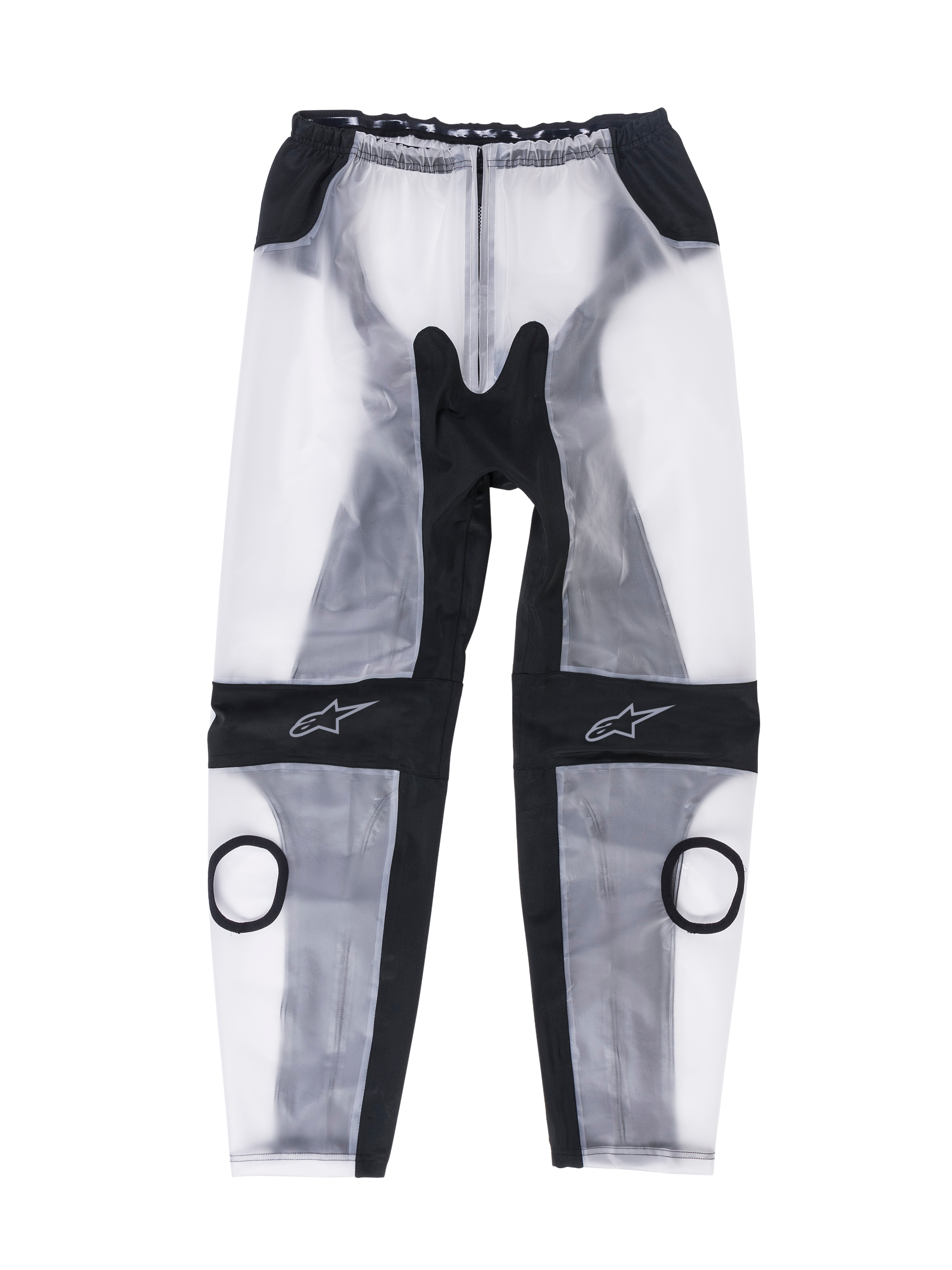 Alpinestars Racing Rain Pants, wyścigowe spodnie przeciwdeszczowe, przezroczyste czarne i półprzezroczyste białe, z okrągłymi wycięciami na slidery kolanowe, czarnymi ergonomicznymi panelami elastycznymi i logo gwiazdy na kolanach, wodoodporna konstrukcja do użytku na torze