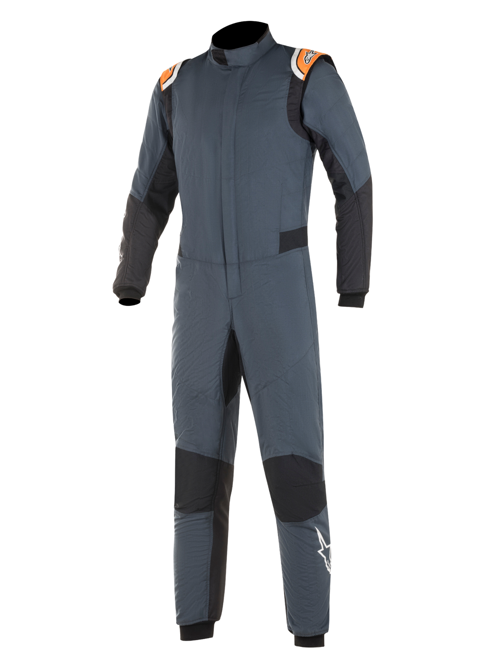 Kombinezon Alpinestars Hypertech, kombinezon wyścigowy, szary asfaltowy i czarny z akcentami pomarańczowy fluo, czarne panele elastyczne, pomarańczowe naramienniki z logo, białe logo gwiazdy na nogawce, profesjonalna dwuwarstwowa ognioodporna konstrukcja do sportów motorowych