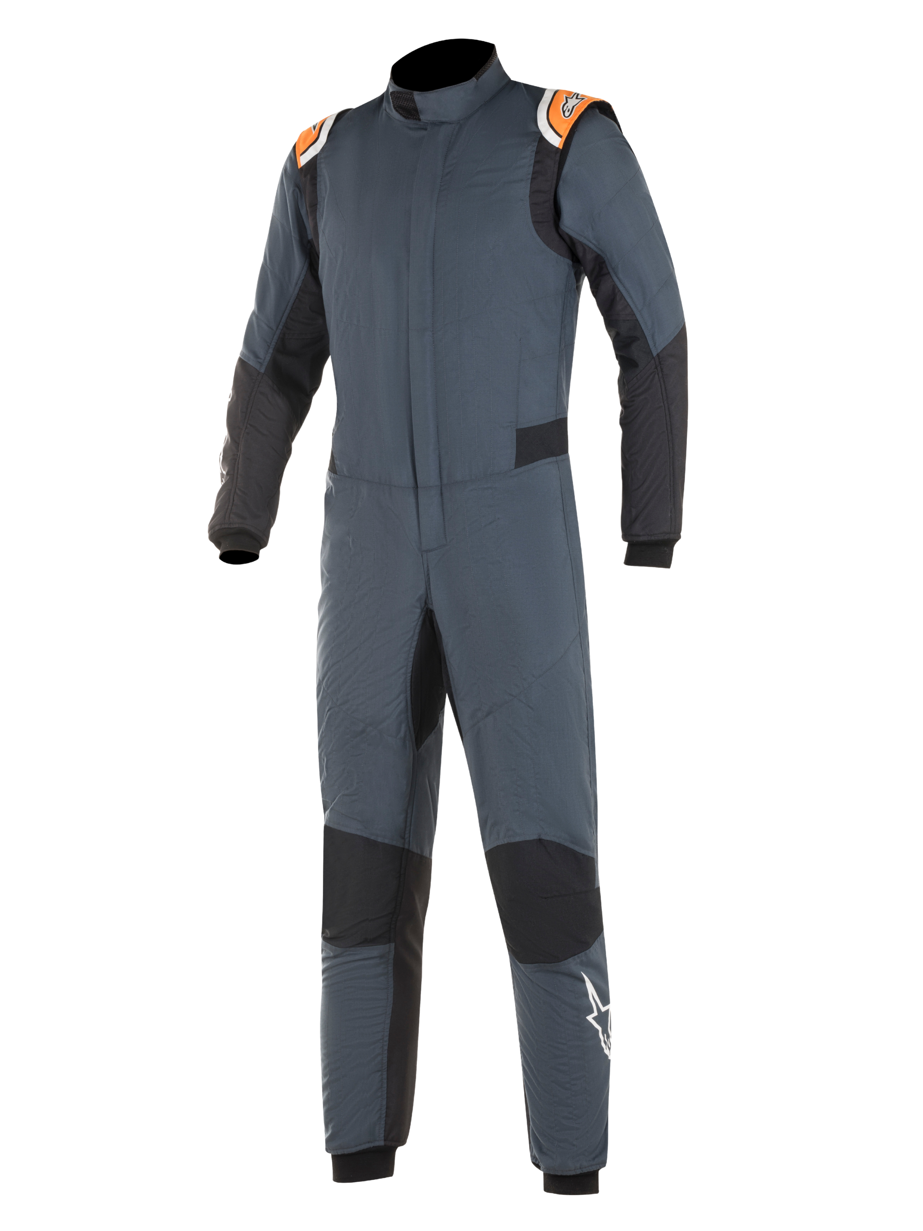 Kombinezon Alpinestars Hypertech, kombinezon wyścigowy, szary asfaltowy i czarny z akcentami pomarańczowy fluo, czarne panele elastyczne, pomarańczowe naramienniki z logo, białe logo gwiazdy na nogawce, profesjonalna dwuwarstwowa ognioodporna konstrukcja do sportów motorowych