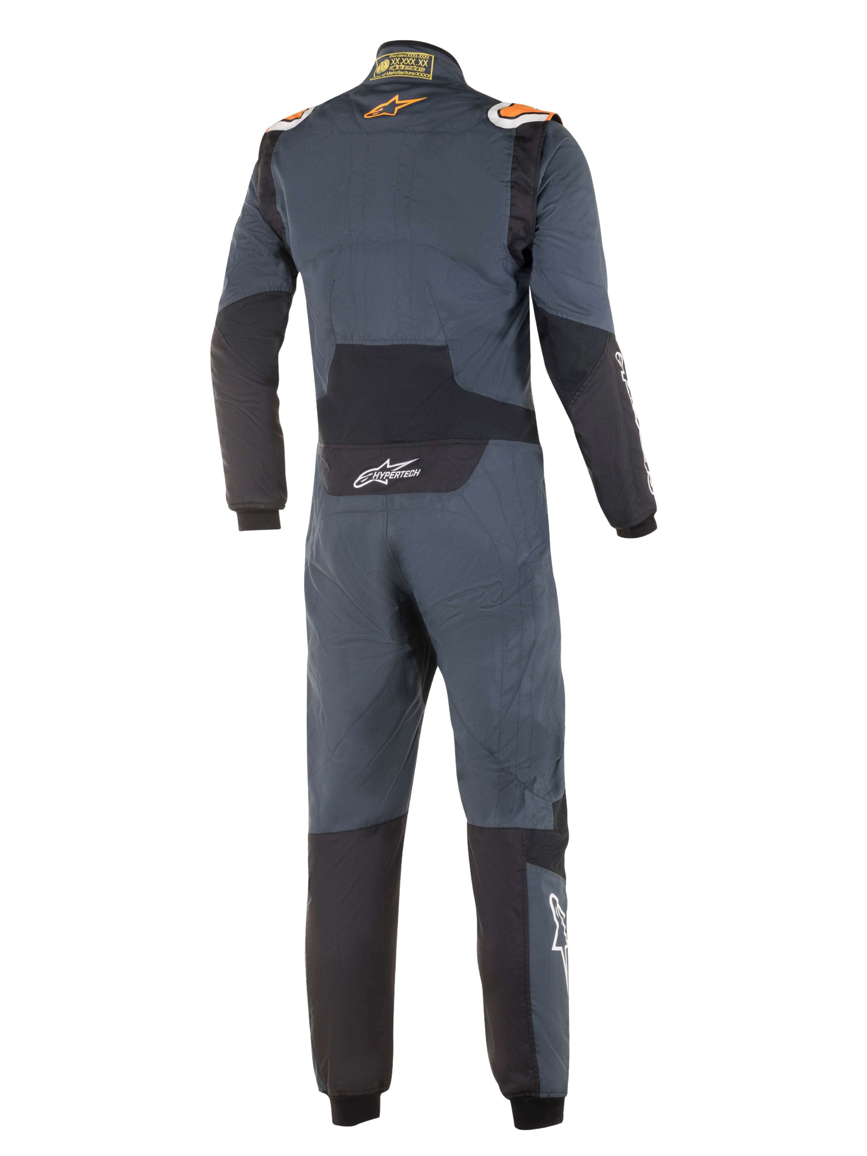 Kombinezon Alpinestars Hypertech, profesjonalny kombinezon samochodowy, szary Asphalt i jaskrawy pomarańczowy, widok z tyłu, czarne panele elastyczne na dolnej części pleców i łokciach, pomarańczowe logo Alpinestars na ramionach, białe logo Hypertech, aerodynamiczny design z certyfikatem FIA