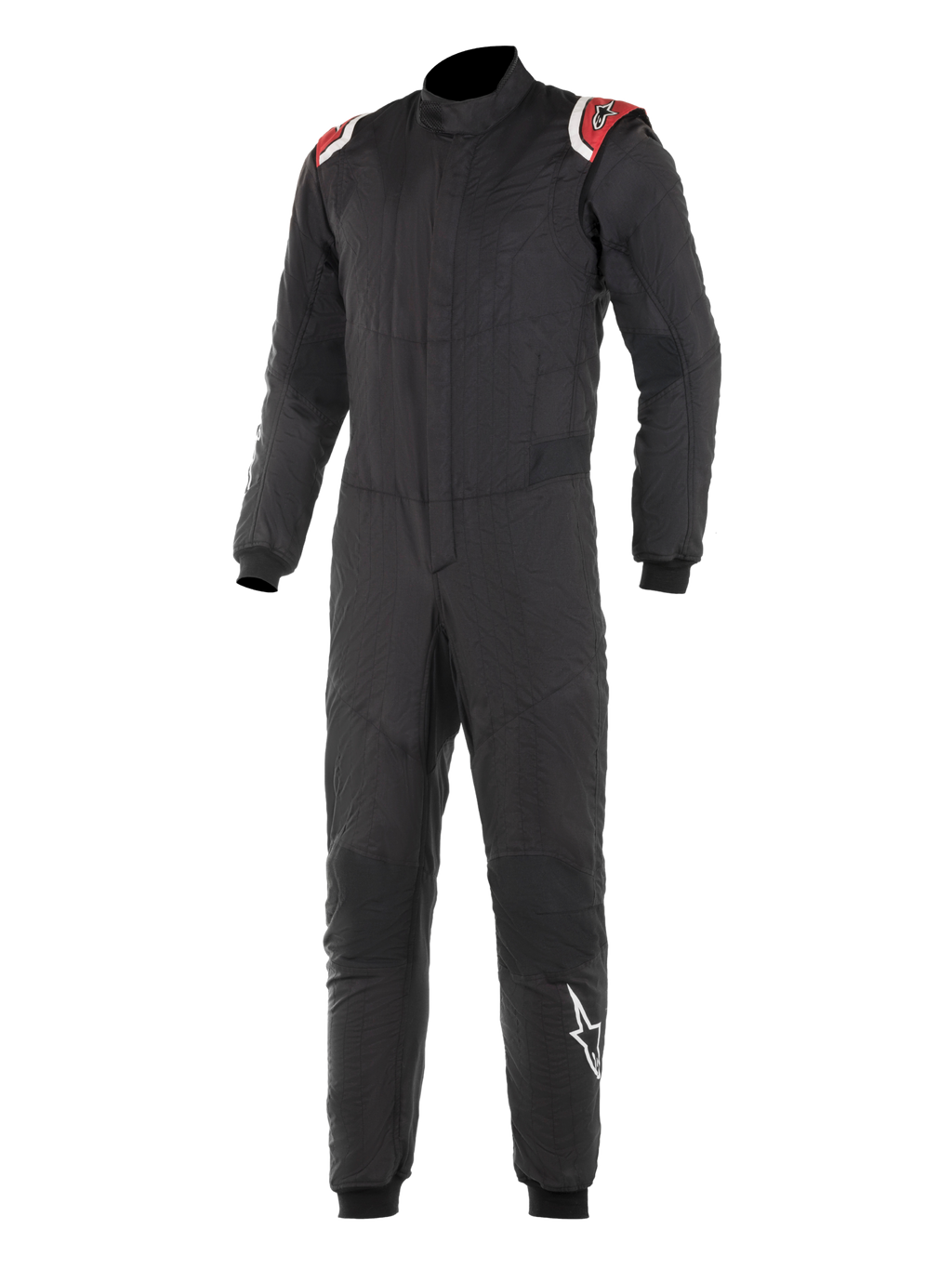 Alpinestars Hypertech Suit, profesjonalny kombinezon wyścigowy, czarny z czerwonymi i białymi akcentami na ramionach, pikowana dwuwarstwowa konstrukcja, wysoki kołnierz, dopasowany krój ze ściągaczami na nadgarstkach i kostkach, certyfikowana ochrona FIA