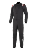 Alpinestars Hypertech Suit, profesjonalny kombinezon wyścigowy, czarny z czerwonymi i białymi akcentami na ramionach, pikowana dwuwarstwowa konstrukcja, wysoki kołnierz, dopasowany krój ze ściągaczami na nadgarstkach i kostkach, certyfikowana ochrona FIA