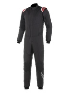 Alpinestars Hypertech Suit, profesjonalny kombinezon wyścigowy, czarny z czerwonymi i białymi akcentami na ramionach, pikowana dwuwarstwowa konstrukcja, wysoki kołnierz, dopasowany krój ze ściągaczami na nadgarstkach i kostkach, certyfikowana ochrona FIA