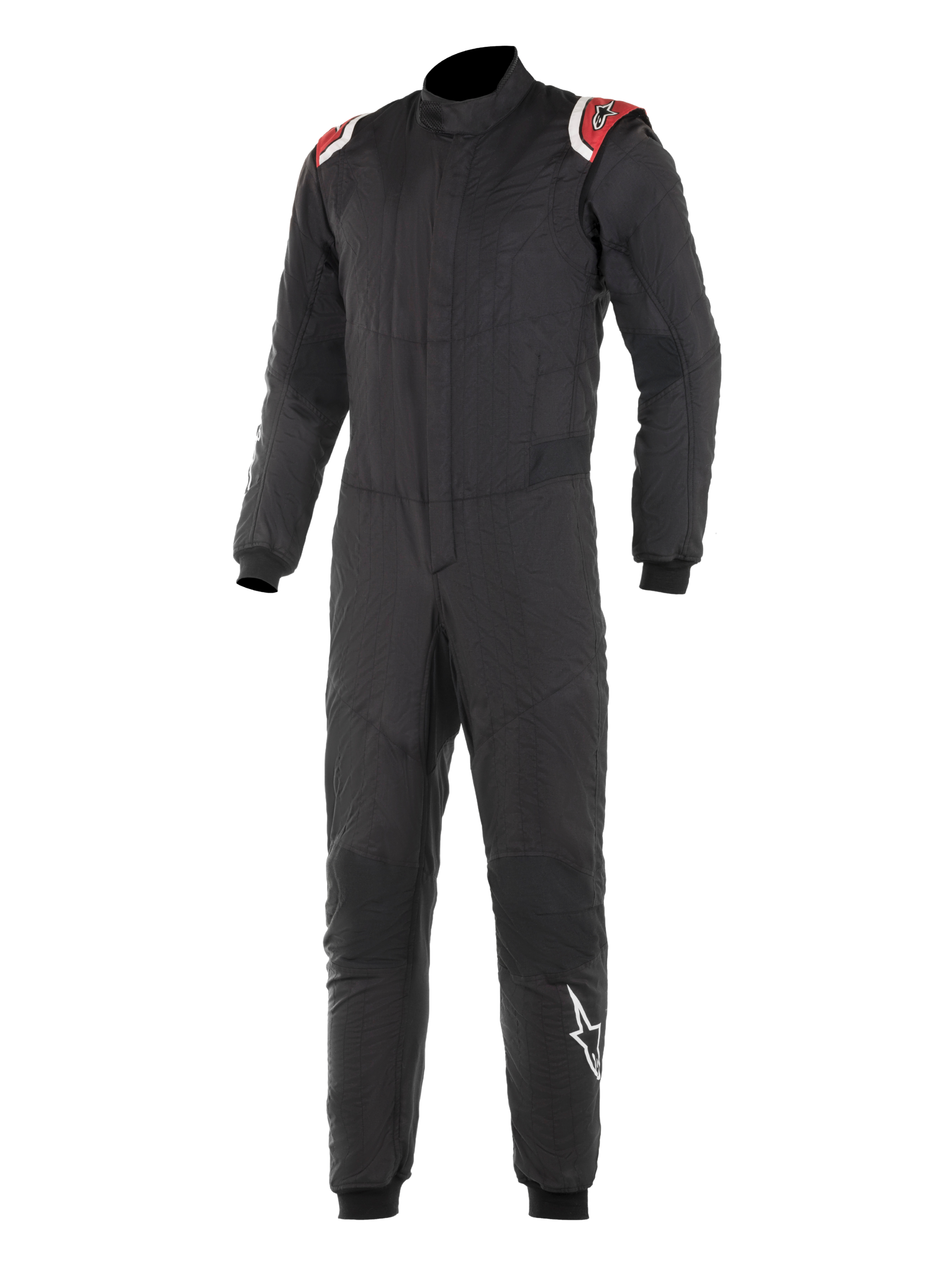 Alpinestars Hypertech Suit, profesjonalny kombinezon wyścigowy, czarny z czerwonymi i białymi akcentami na ramionach, pikowana dwuwarstwowa konstrukcja, wysoki kołnierz, dopasowany krój ze ściągaczami na nadgarstkach i kostkach, certyfikowana ochrona FIA