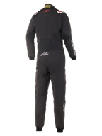 Alpinestars Hypertech Suit, kombinezon samochodowy, czarny z czerwonymi i białymi akcentami, widok z tyłu przedstawiający czerwone logo gwiazdy w górnej części pleców, logo Hypertech w dolnej części pleców, profesjonalny jednoczęściowy design do motorsportu