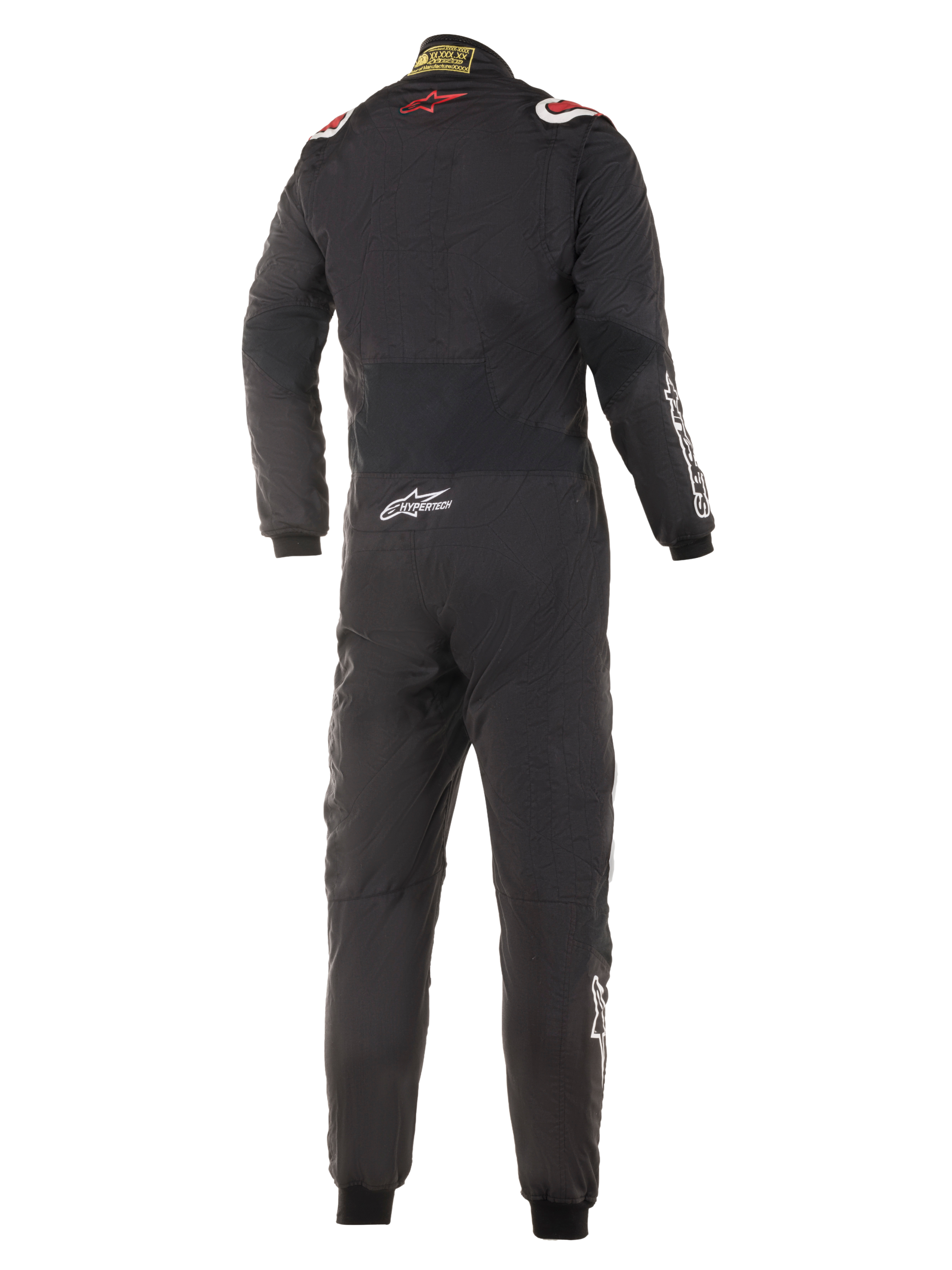 Alpinestars Hypertech Suit, kombinezon samochodowy, czarny z czerwonymi i białymi akcentami, widok z tyłu przedstawiający czerwone logo gwiazdy w górnej części pleców, logo Hypertech w dolnej części pleców, profesjonalny jednoczęściowy design do motorsportu