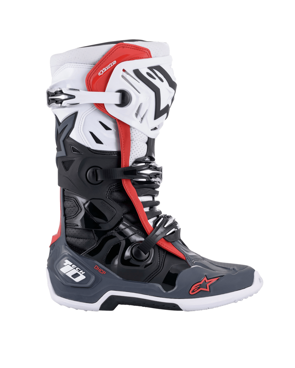 Alpinestars Tech 10 Supervented Boots, buty motocrossowe, czarne, białe, szare i czerwone, widok z boku z wieloma zapięciami na klamry, wentylowanymi panelami i czerwonym logo Alpinestars, techniczny design obuwia off-road