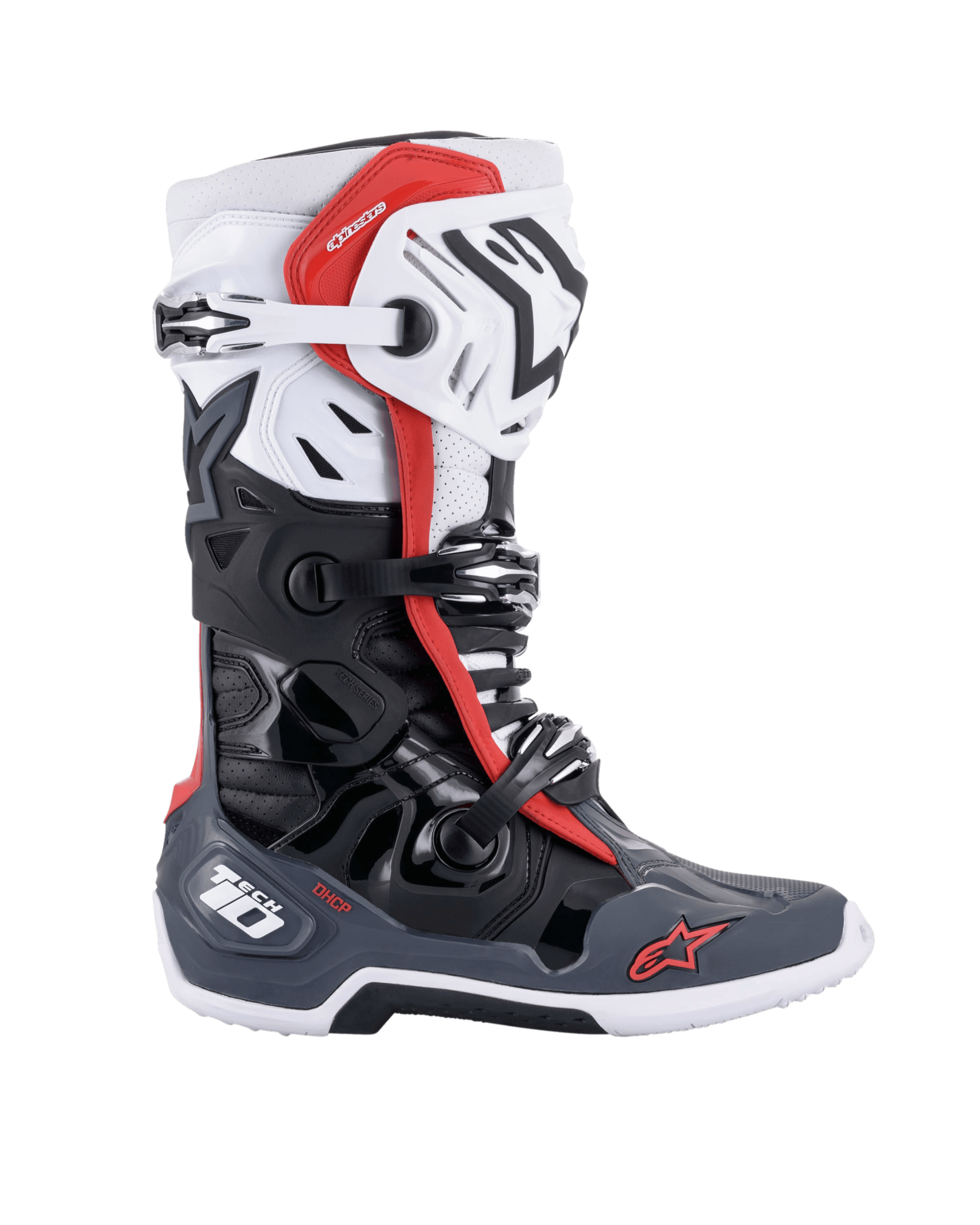 Alpinestars Tech 10 Supervented Boots, buty motocrossowe, czarne, białe, szare i czerwone, widok z boku z wieloma zapięciami na klamry, wentylowanymi panelami i czerwonym logo Alpinestars, techniczny design obuwia off-road