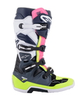 Buty Alpinestars Tech 7, buty motocrossowe, ciemnoszare, granatowe i różowe fluo, system zapinania na cztery klamry z neonowo-żółtymi i białymi akcentami, ochronna konstrukcja ze wzmocnioną podeszwą, profesjonalny sprzęt do wyścigów off-road