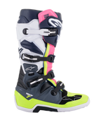 Buty Alpinestars Tech 7, buty motocrossowe, ciemnoszare, granatowe i różowe fluo, system zapinania na cztery klamry z neonowo-żółtymi i białymi akcentami, ochronna konstrukcja ze wzmocnioną podeszwą, profesjonalny sprzęt do wyścigów off-road