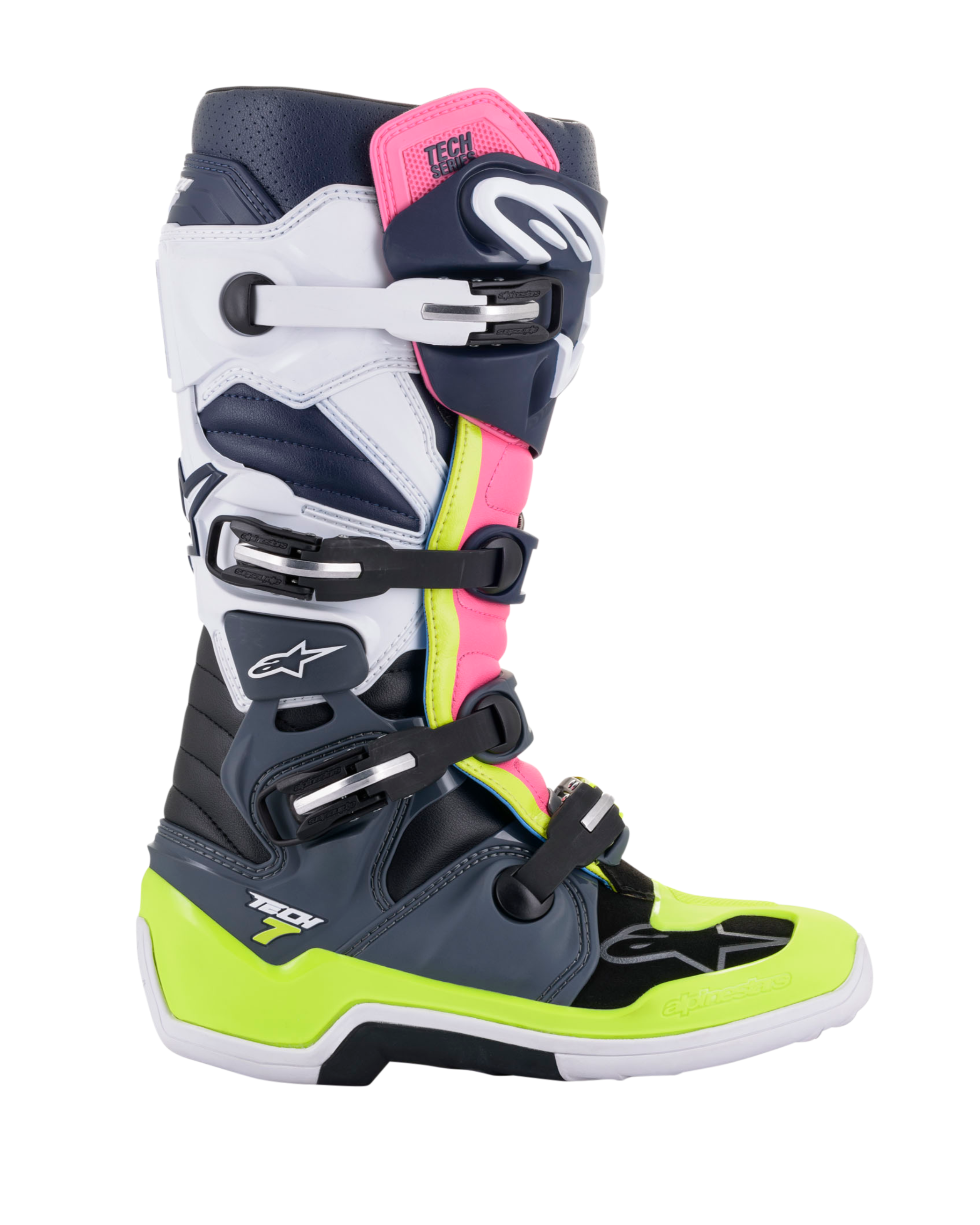 Buty Alpinestars Tech 7, buty motocrossowe, ciemnoszare, granatowe i różowe fluo, system zapinania na cztery klamry z neonowo-żółtymi i białymi akcentami, ochronna konstrukcja ze wzmocnioną podeszwą, profesjonalny sprzęt do wyścigów off-road