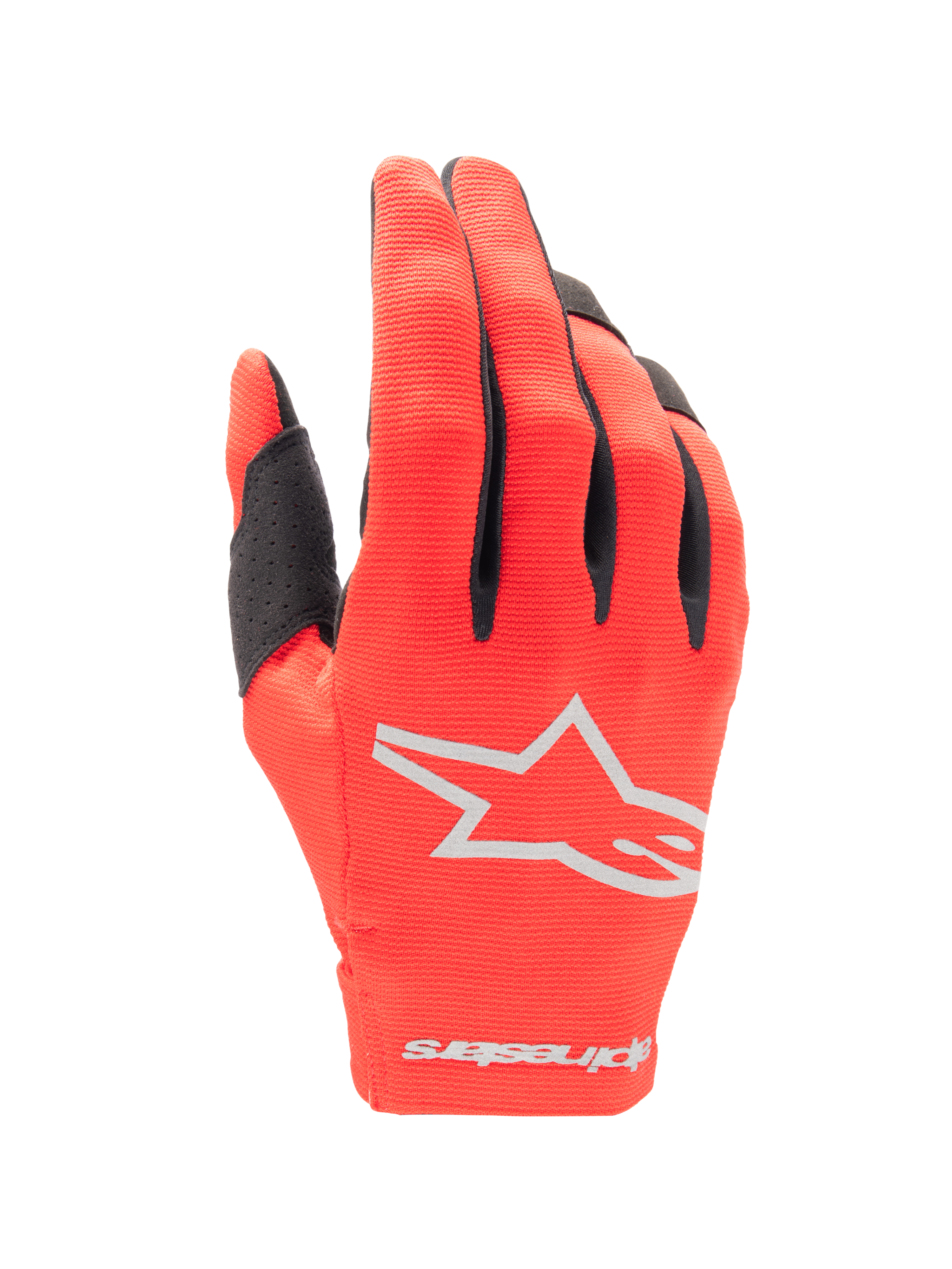 Alpinestars Radar Gloves 2025, rękawice motocrossowe, kolor Mars Red i srebrny, widok grzbietu dłoni ze srebrnym logo gwiazdy, czarne akcenty na palcach i elastyczny materiał stretch do wyścigów terenowych