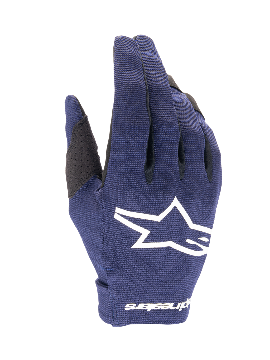 Alpinestars 2025 Radar Gloves, rękawice motocrossowe, granatowe i białe, teksturowana ciemnoniebieska tkanina z dużym białym logo gwiazdy, białe oznaczenia na nadgarstku, lekka konstrukcja do wyścigów terenowych