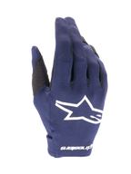 Alpinestars 2025 Radar Gloves, rękawice motocrossowe, granatowe i białe, teksturowana ciemnoniebieska tkanina z dużym białym logo gwiazdy, białe oznaczenia na nadgarstku, lekka konstrukcja do wyścigów terenowych