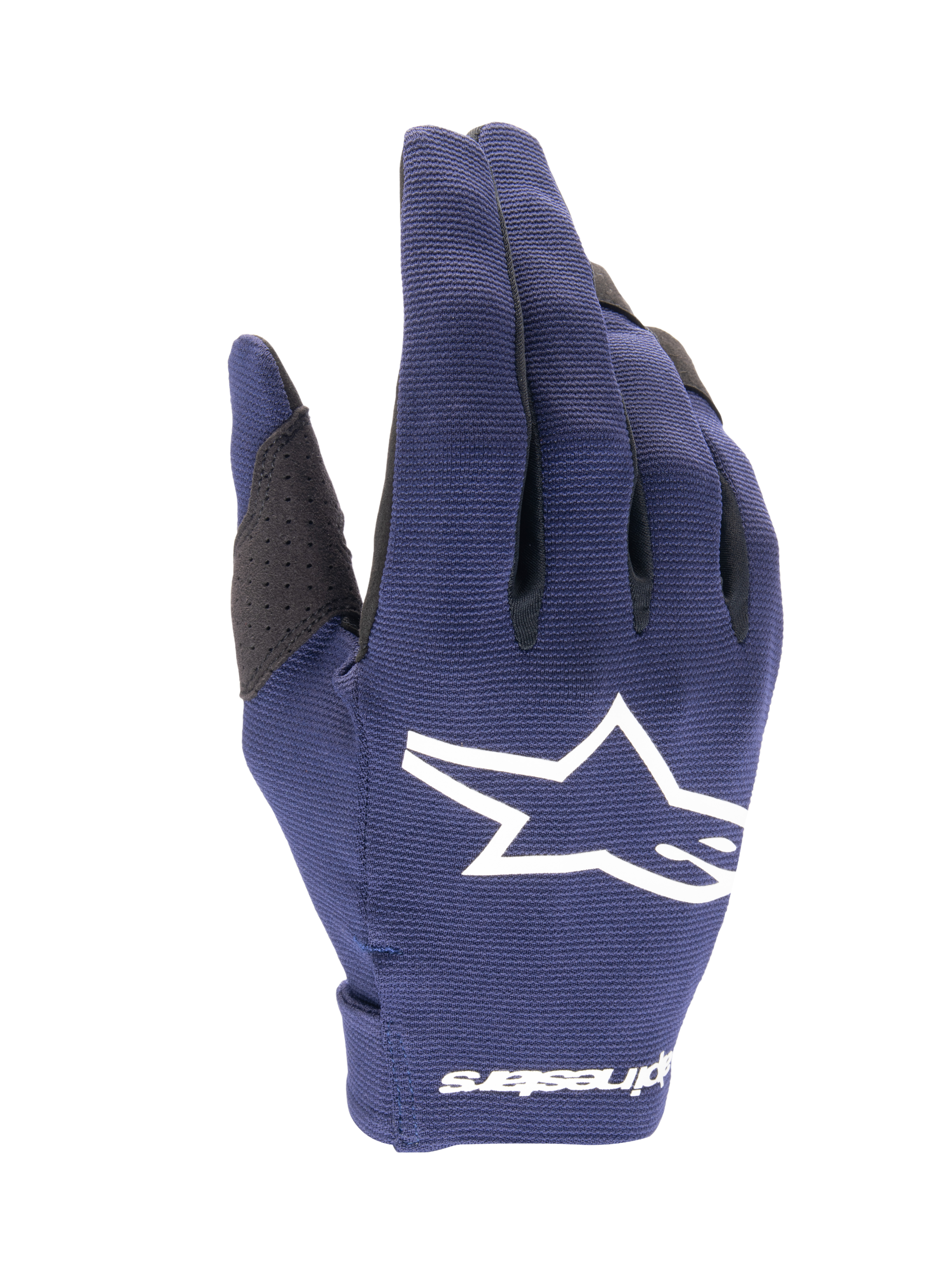 Alpinestars 2025 Radar Gloves, rękawice motocrossowe, granatowe i białe, teksturowana ciemnoniebieska tkanina z dużym białym logo gwiazdy, białe oznaczenia na nadgarstku, lekka konstrukcja do wyścigów terenowych